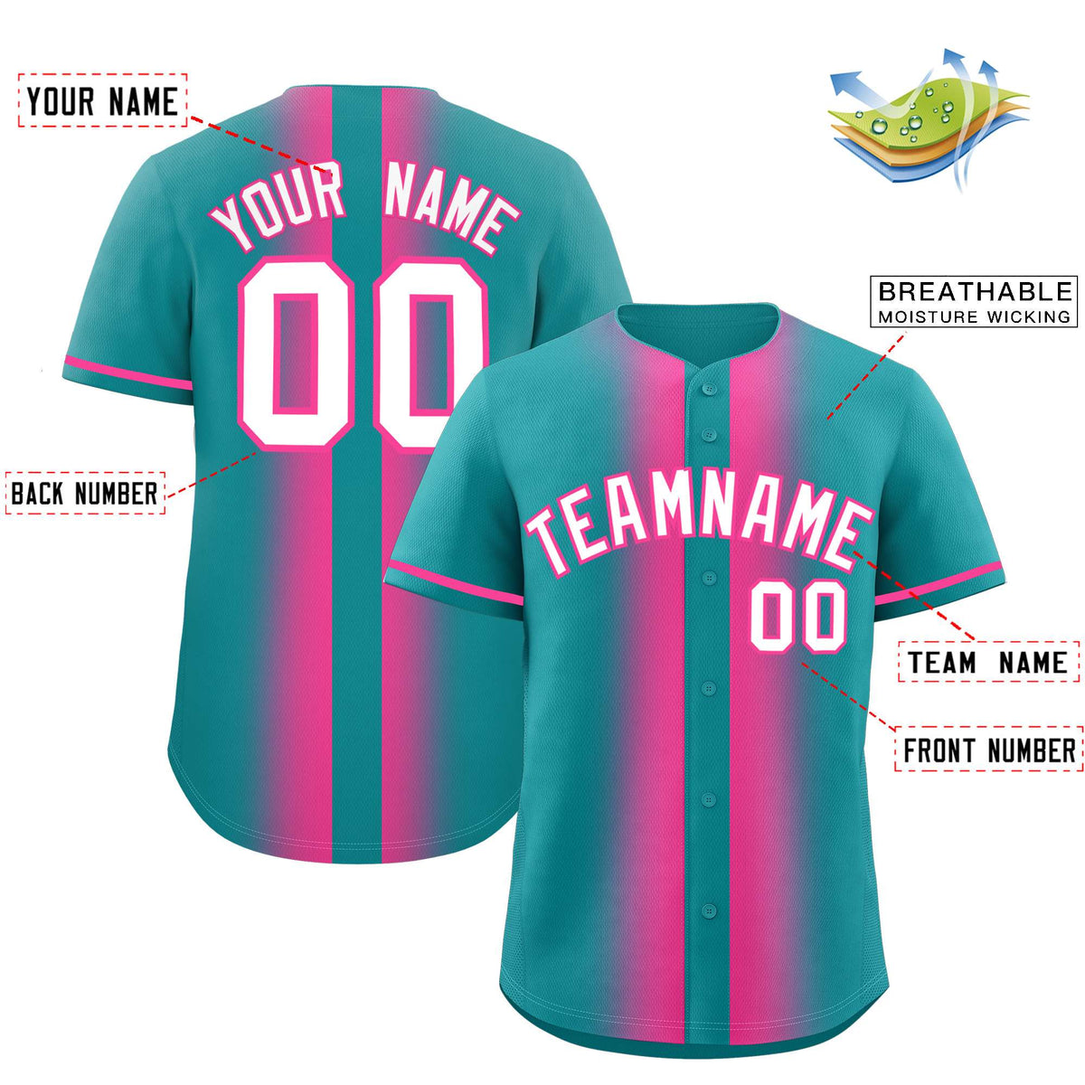 Custom Aqua Pink Lapel Gradient Fashion Authentic Baseball Jersey