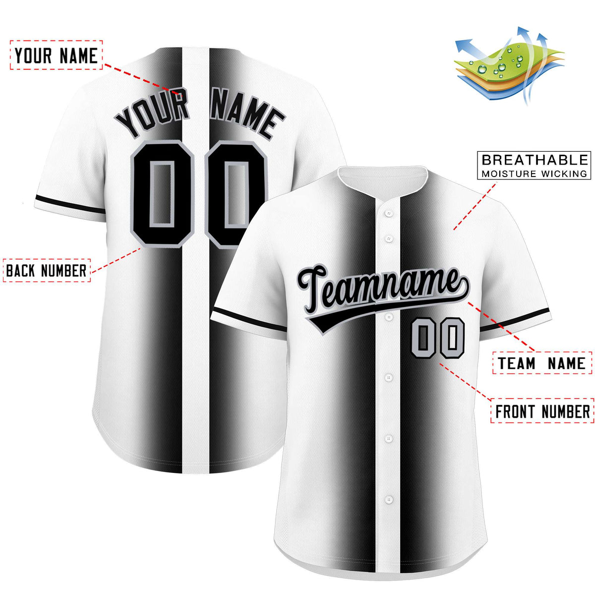 Custom White Black Lapel Gradient Fashion Authentic Baseball Jersey