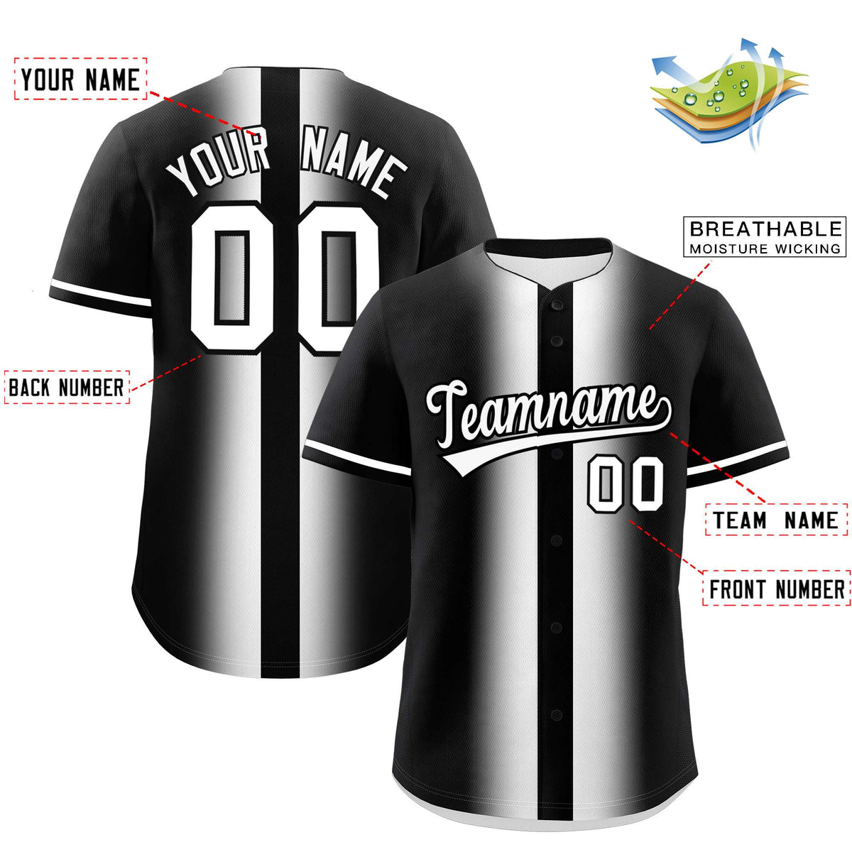Custom Black White Lapel Gradient Fashion Authentic Baseball Jersey