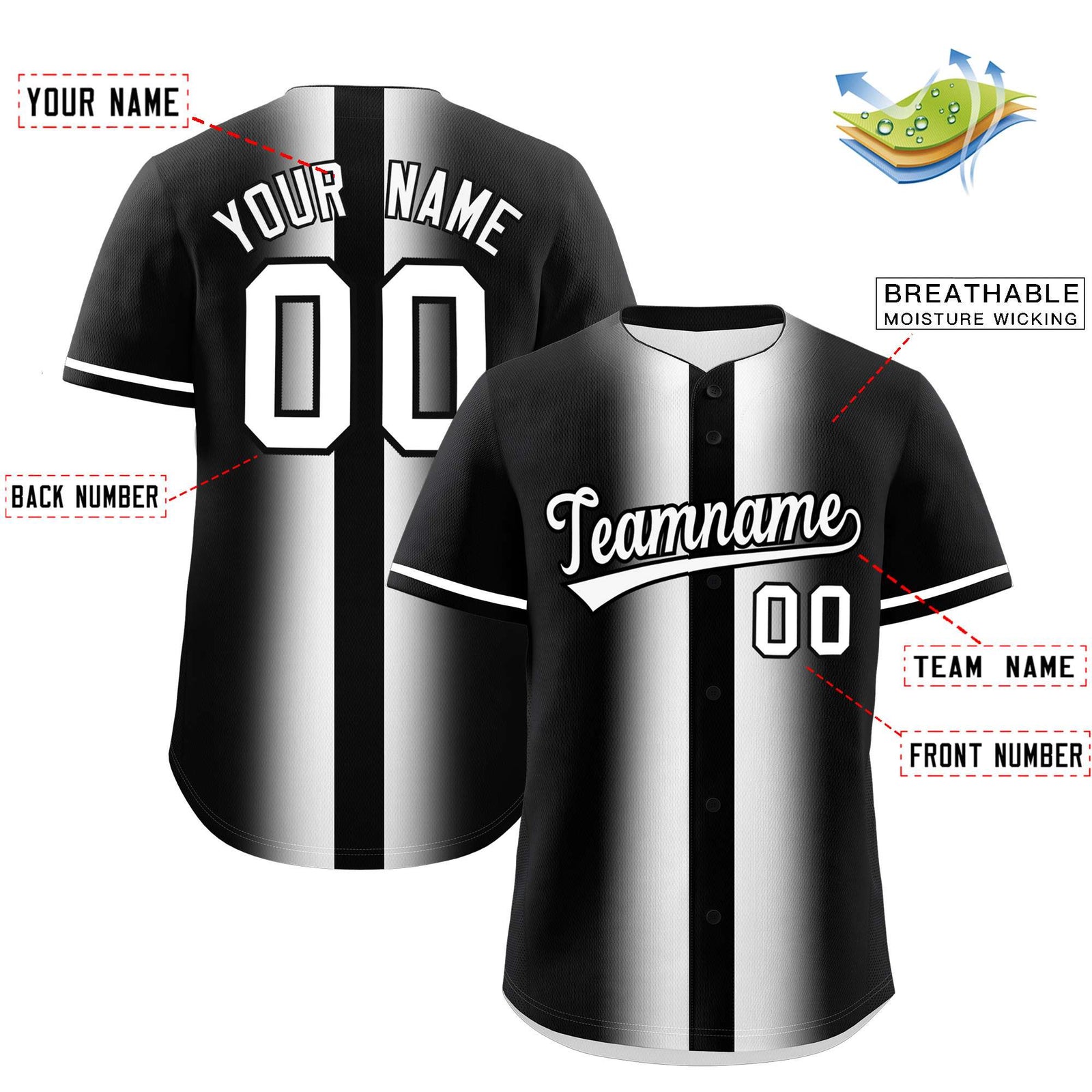 Custom Black White Lapel Gradient Fashion Authentic Baseball Jersey