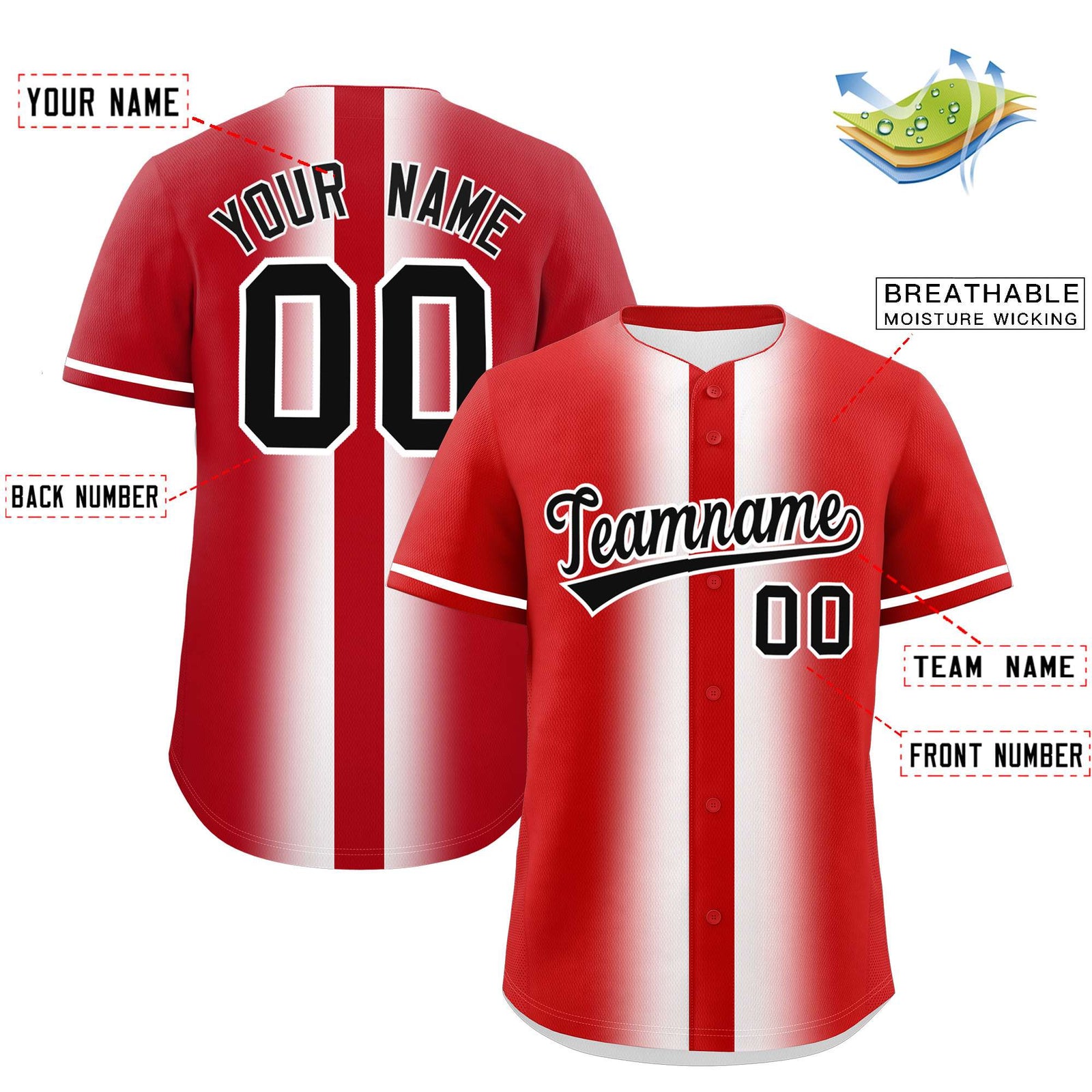 Custom Red White Lapel Gradient Fashion Authentic Baseball Jersey