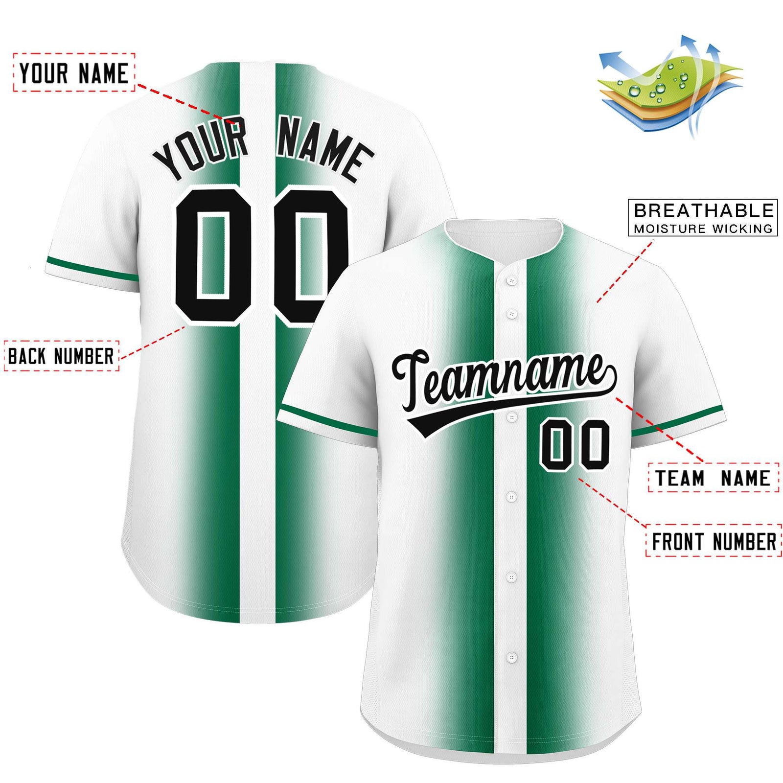 Custom White Kelly Green Lapel Gradient Fashion Authentic Baseball Jersey