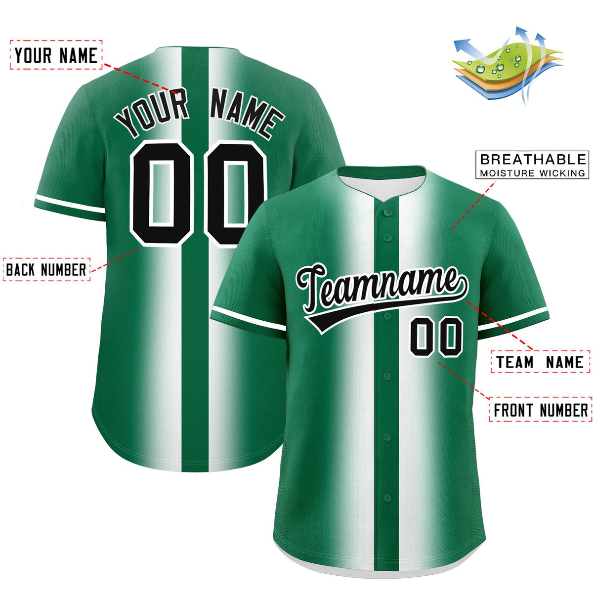 Custom Kelly Green White Lapel Gradient Fashion Authentic Baseball Jersey