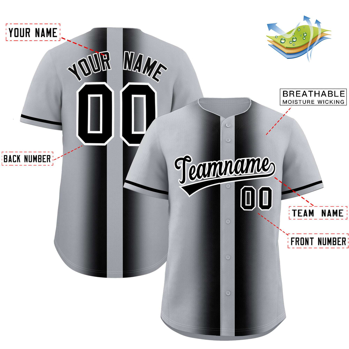 Custom Silver Black Lapel Gradient Fashion Authentic Baseball Jersey