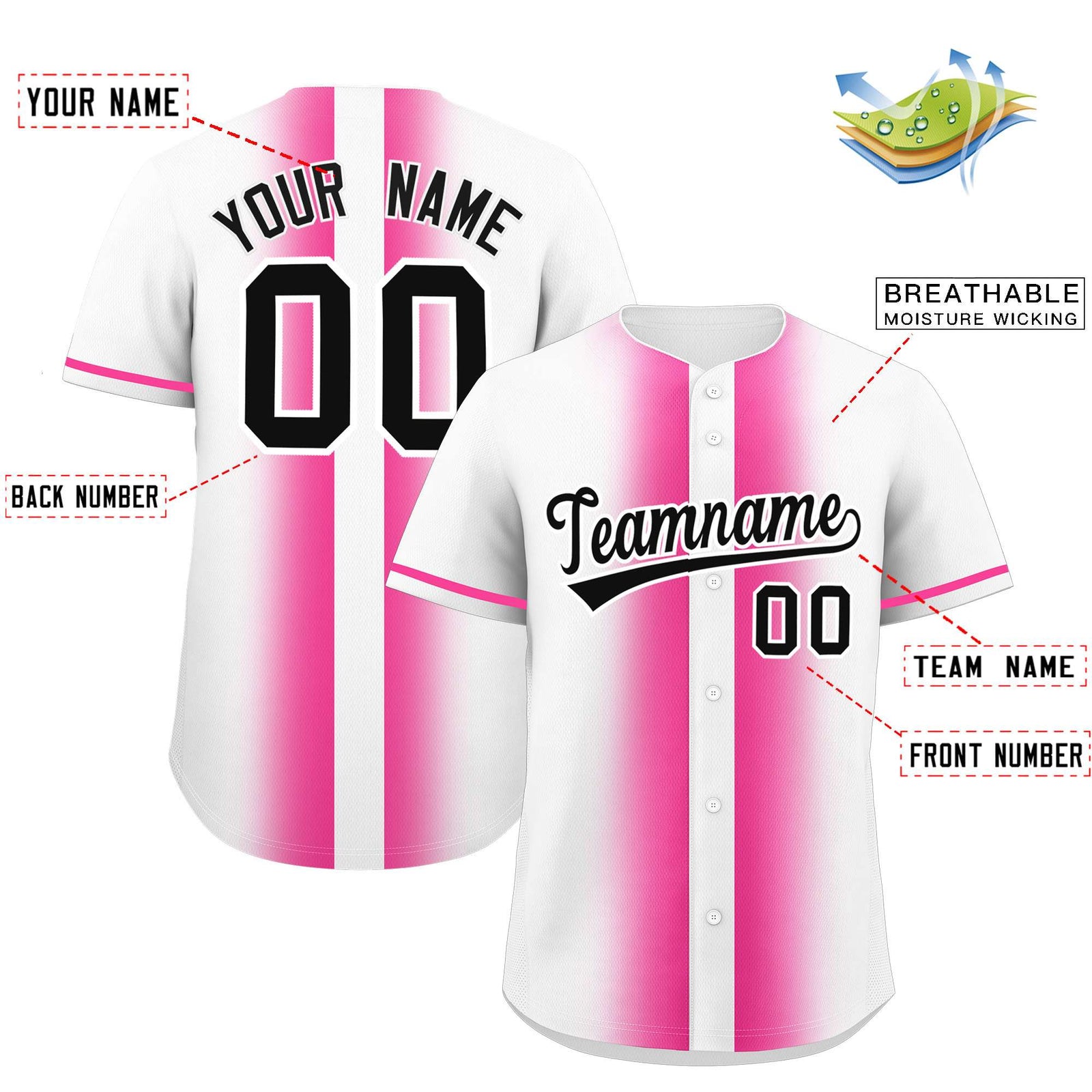 Custom White Pink Lapel Gradient Fashion Authentic Baseball Jersey