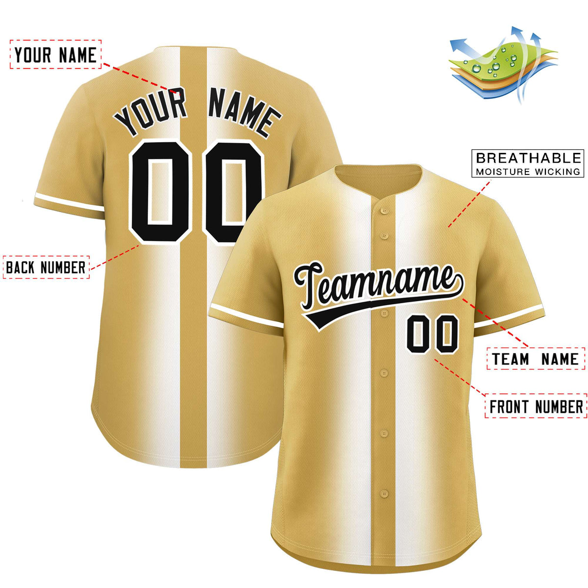 Custom Old Gold White Lapel Gradient Fashion Authentic Baseball Jersey