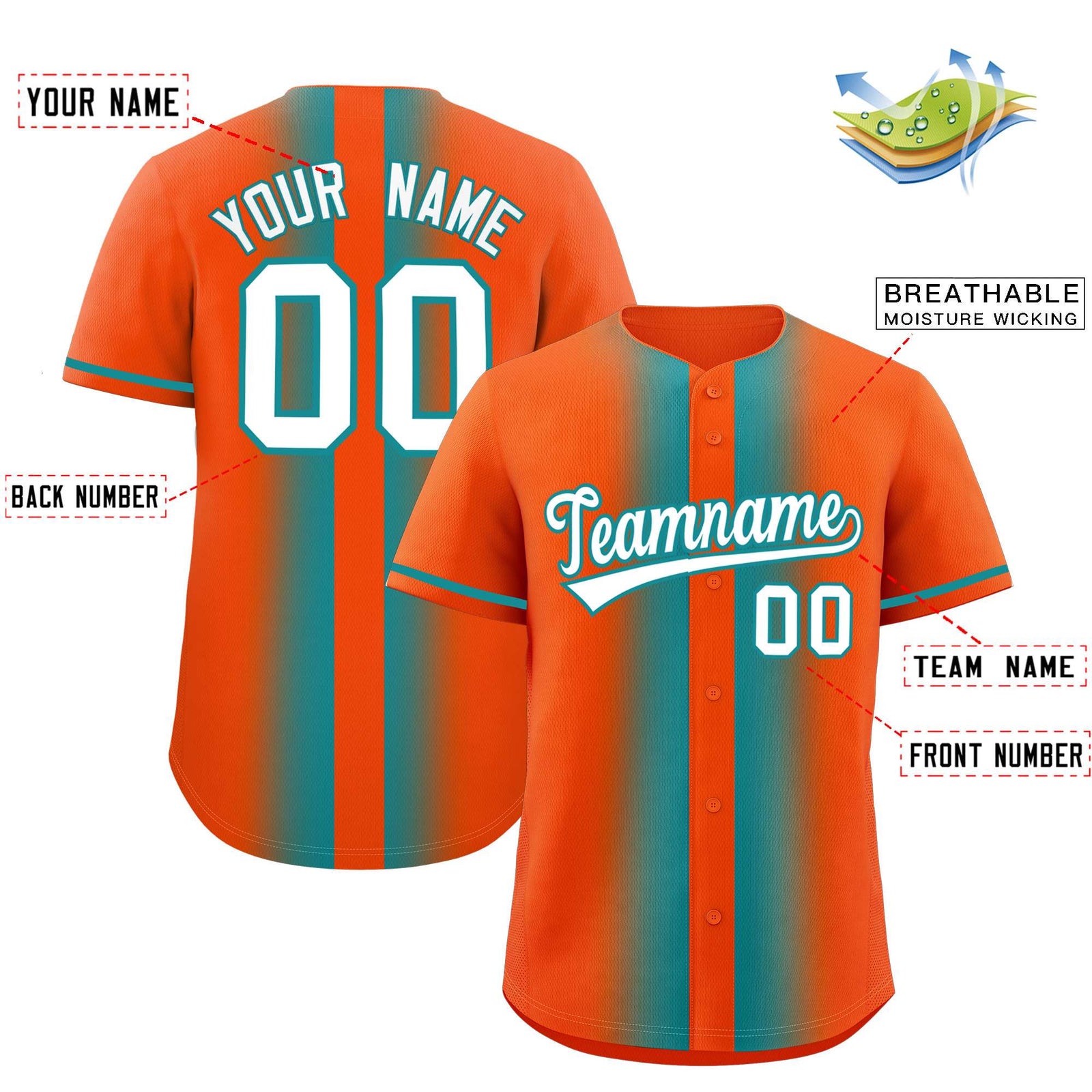 Custom Orange Aqua Lapel Gradient Fashion Authentic Baseball Jersey