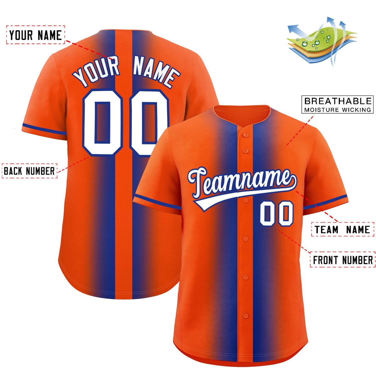 Custom Orange Royal Lapel Gradient Fashion Authentic Baseball Jersey