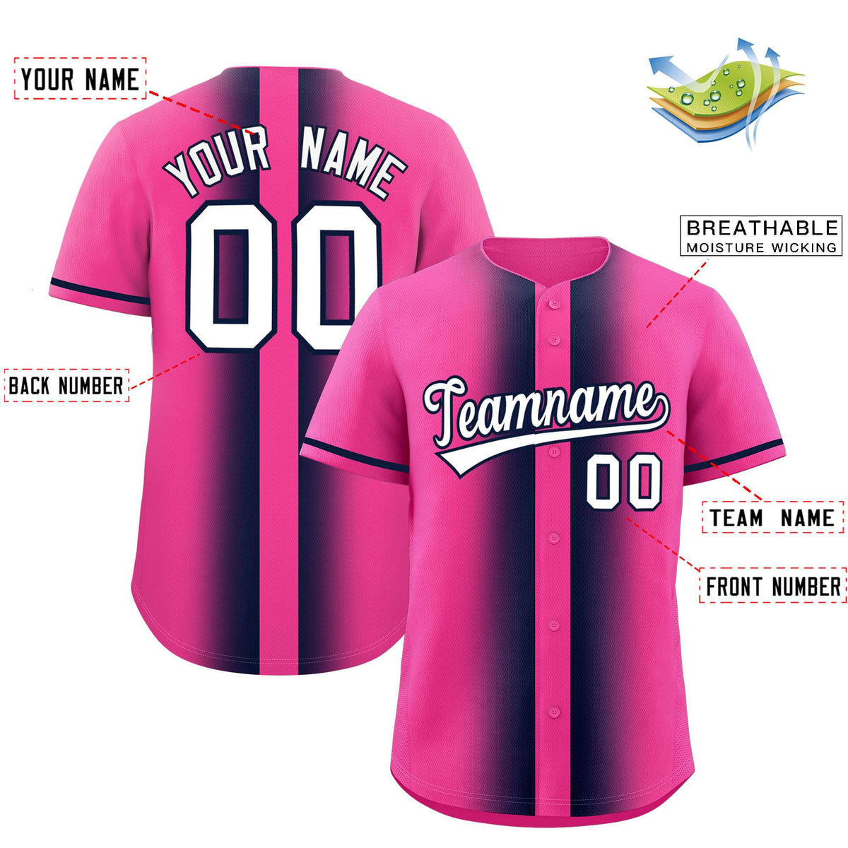 Custom Pink Navy Lapel Gradient Fashion Authentic Baseball Jersey