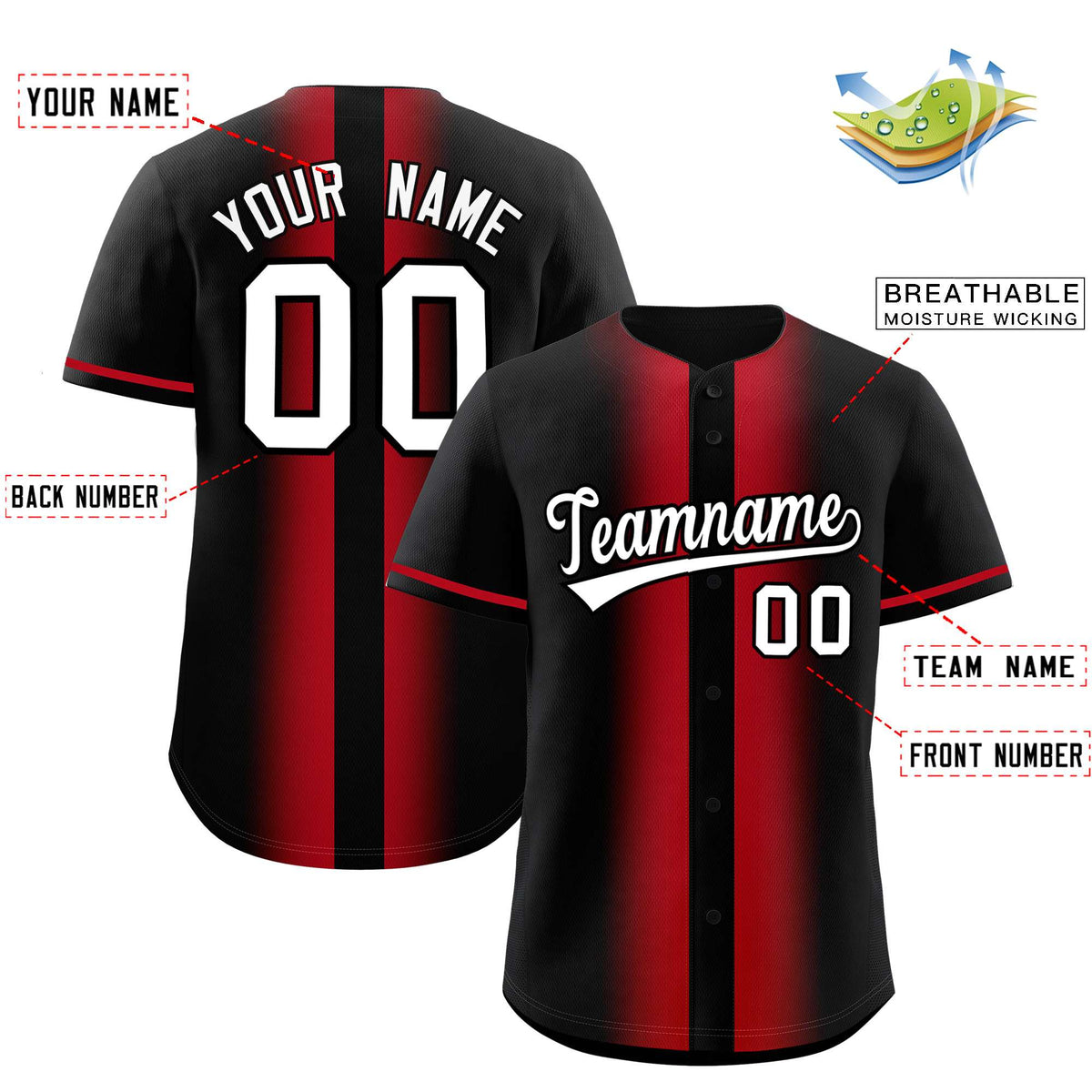 Custom Black Red Lapel Gradient Fashion Authentic Baseball Jersey