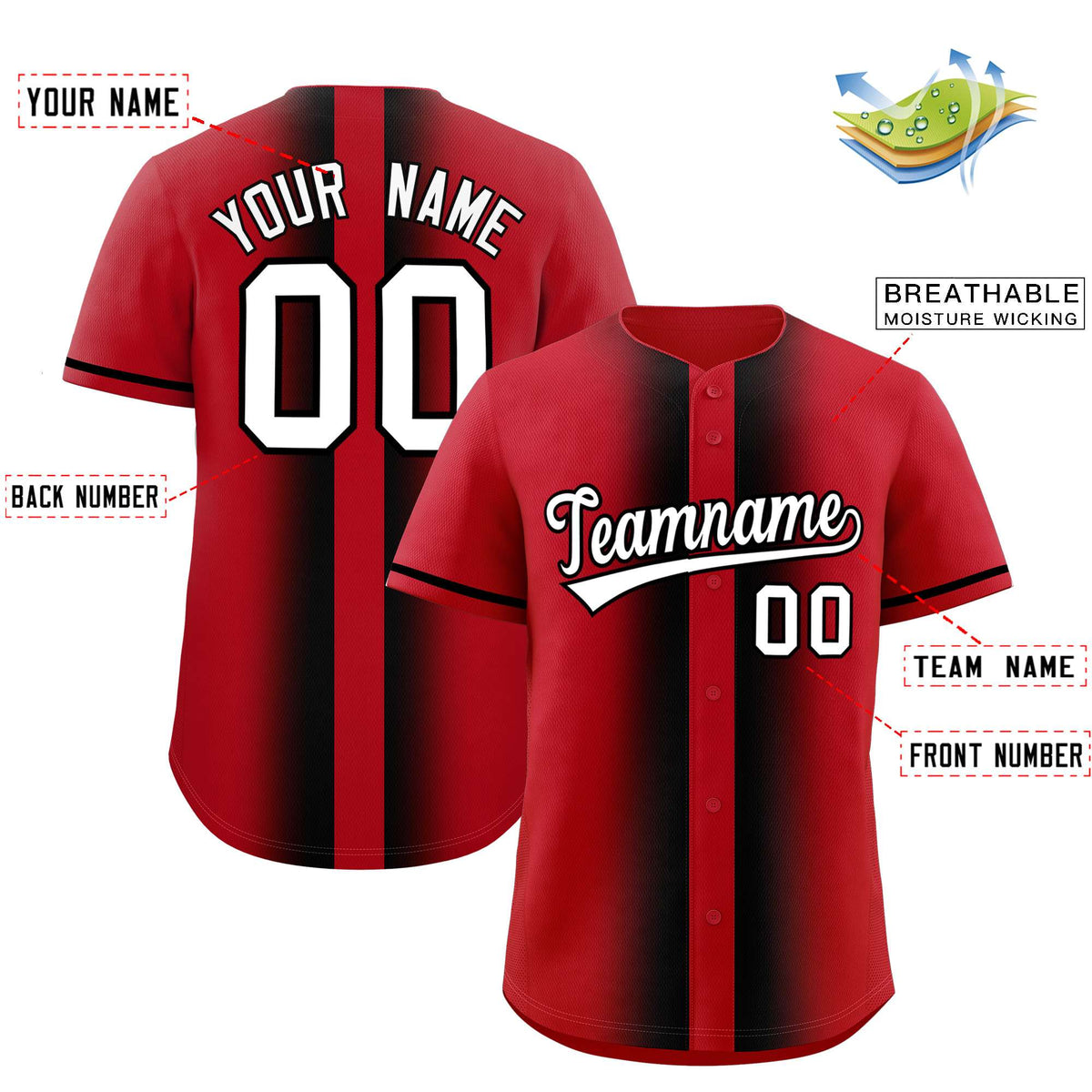 Custom Red Black Lapel Gradient Fashion Authentic Baseball Jersey