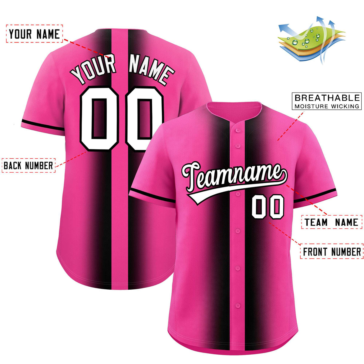 Custom Pink Black Lapel Gradient Fashion Authentic Baseball Jersey