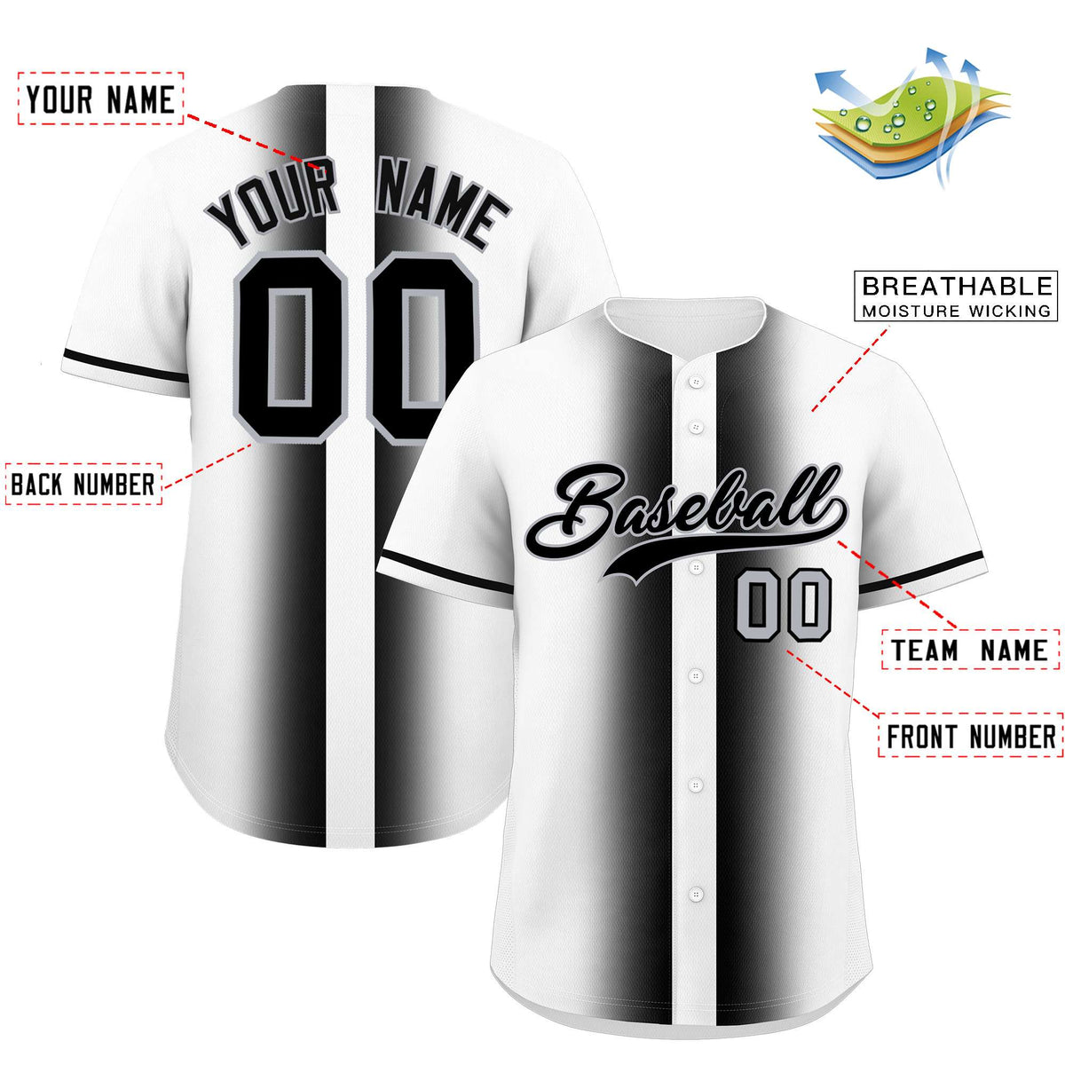 Custom White Black Lapel Gradient Fashion Authentic Baseball Jersey