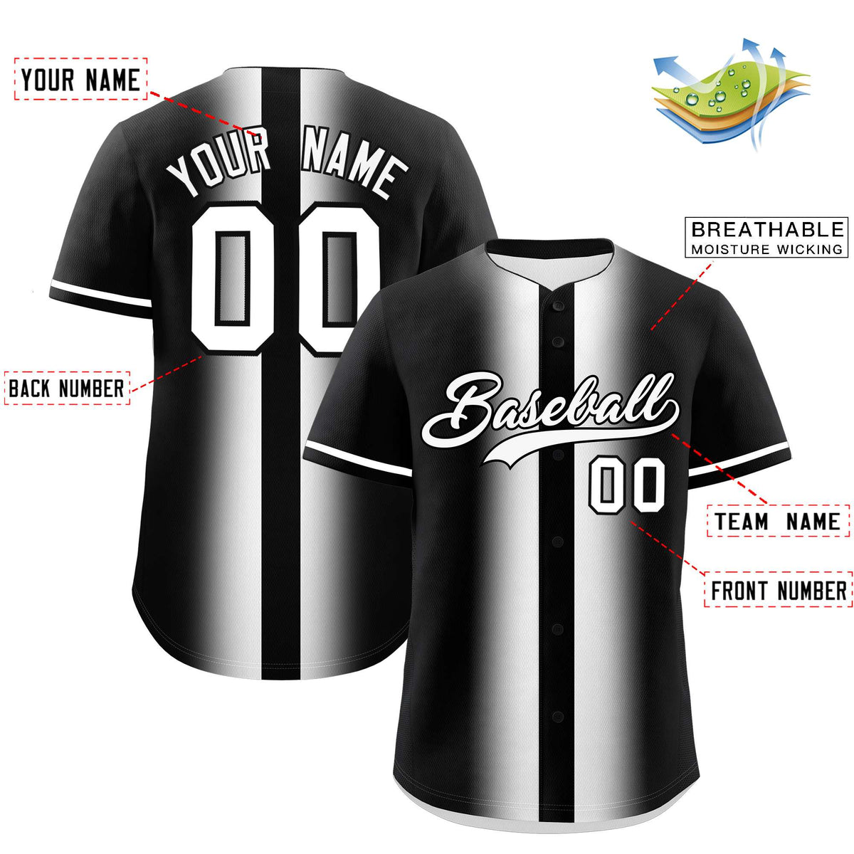 Custom Black White Lapel Gradient Fashion Authentic Baseball Jersey