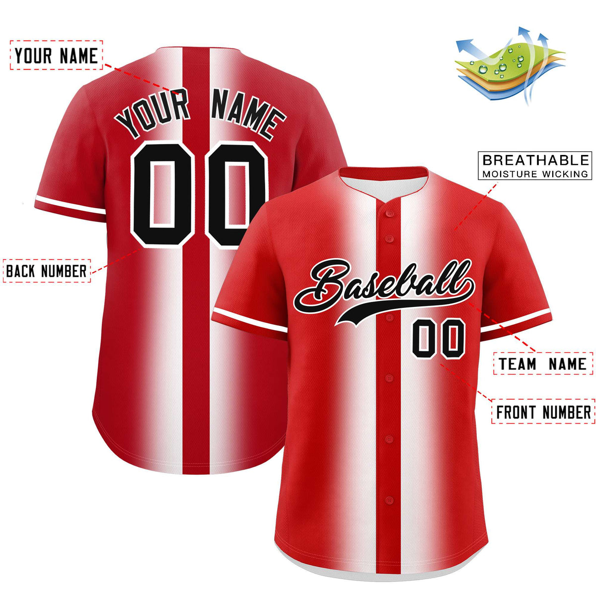 Custom Red White Lapel Gradient Fashion Authentic Baseball Jersey