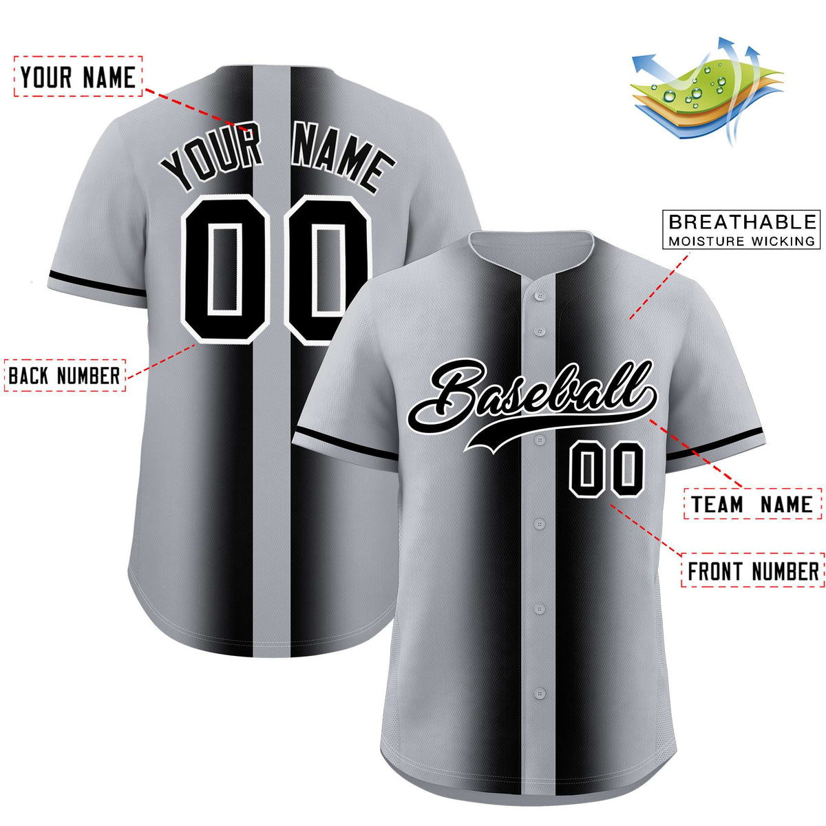 Custom Silver Black Lapel Gradient Fashion Authentic Baseball Jersey