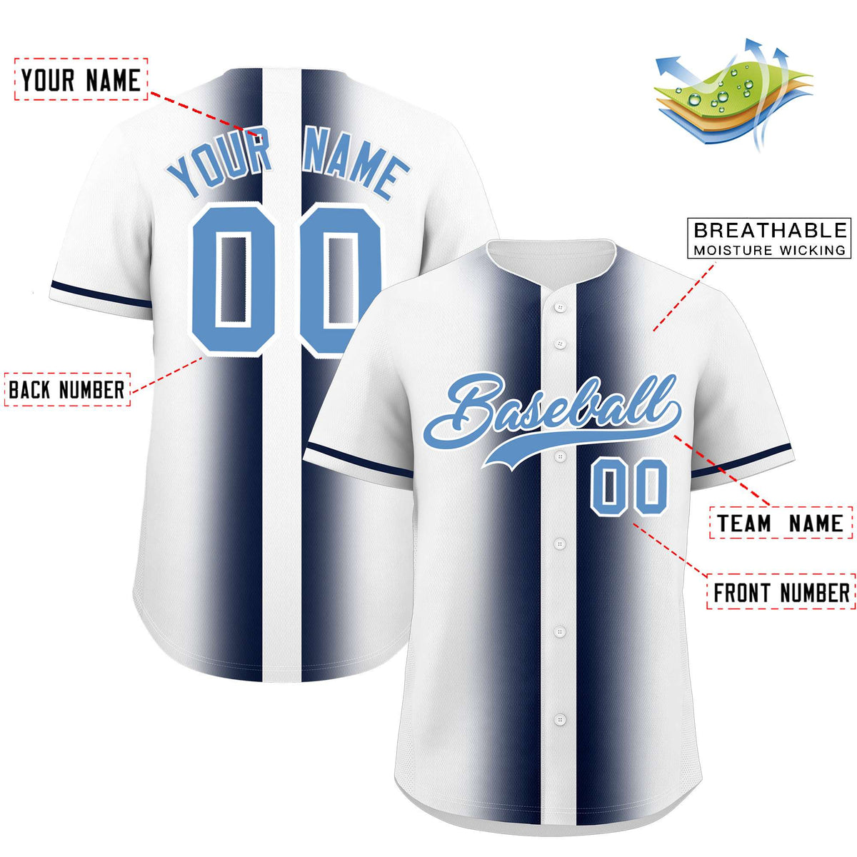 Custom White Navy Lapel Gradient Fashion Authentic Baseball Jersey