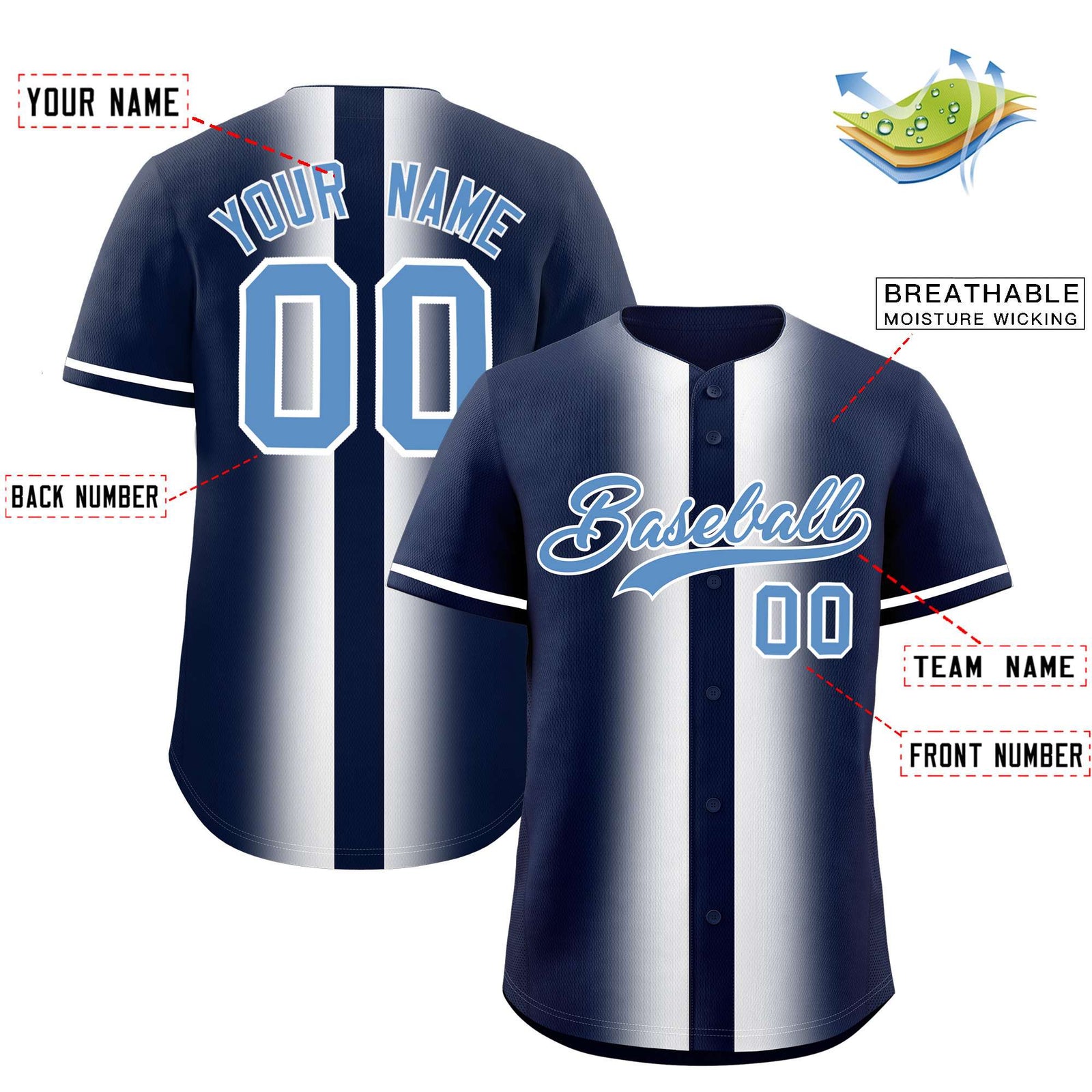 Custom Navy White Lapel Gradient Fashion Authentic Baseball Jersey