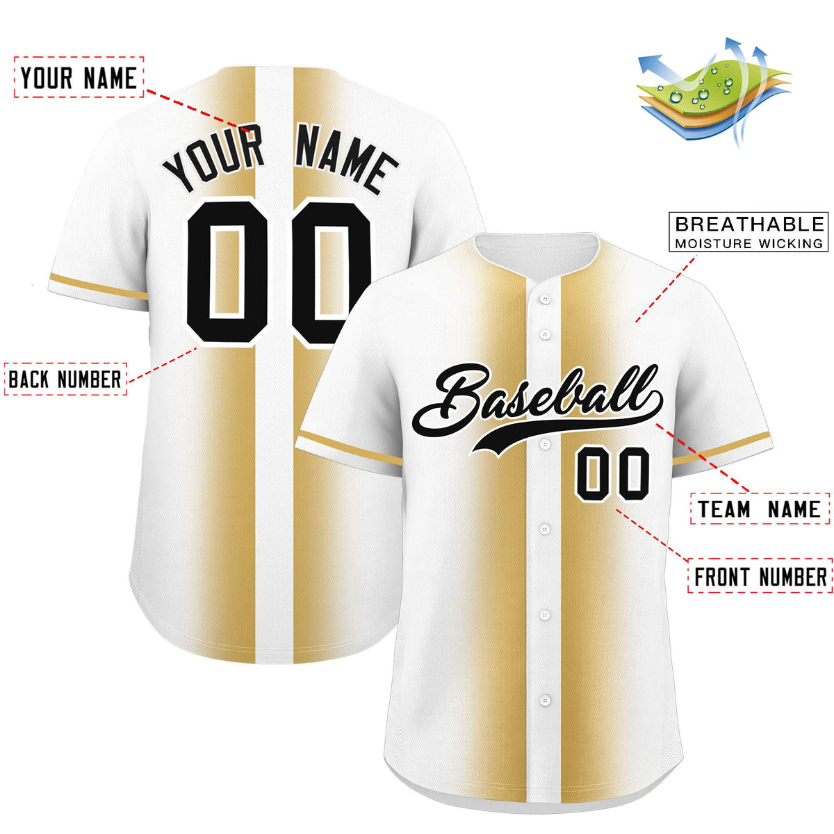 Custom White Old Gold Lapel Gradient Fashion Authentic Baseball Jersey