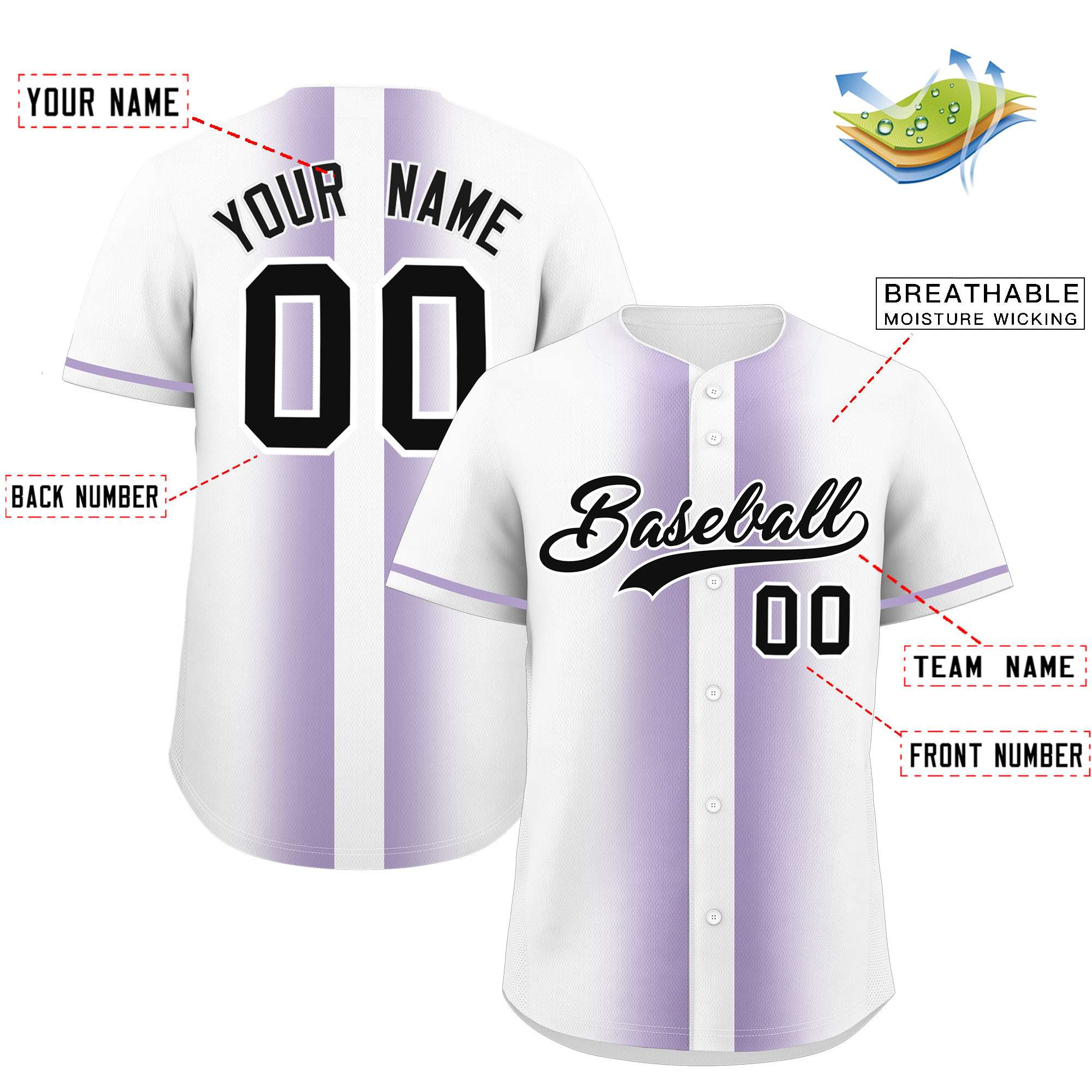 Custom White Light Purple Lapel Gradient Fashion Authentic Baseball Jersey