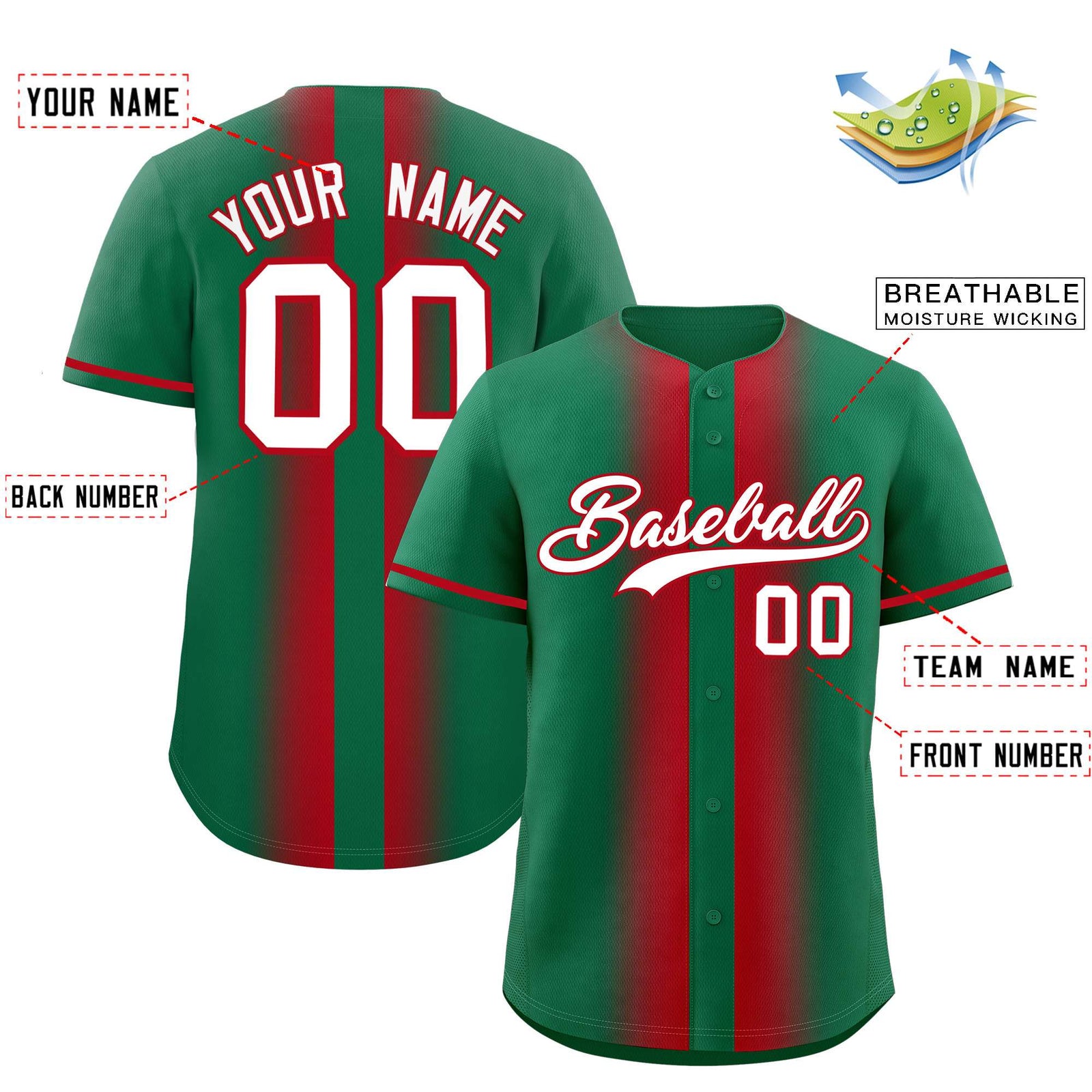 Custom Kelly Green Red Lapel Gradient Fashion Authentic Baseball Jersey