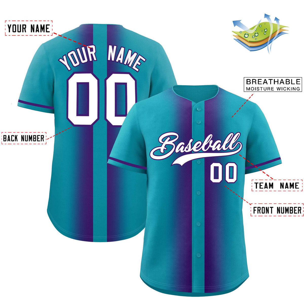 Custom Aqua Purple Lapel Gradient Fashion Authentic Baseball Jersey
