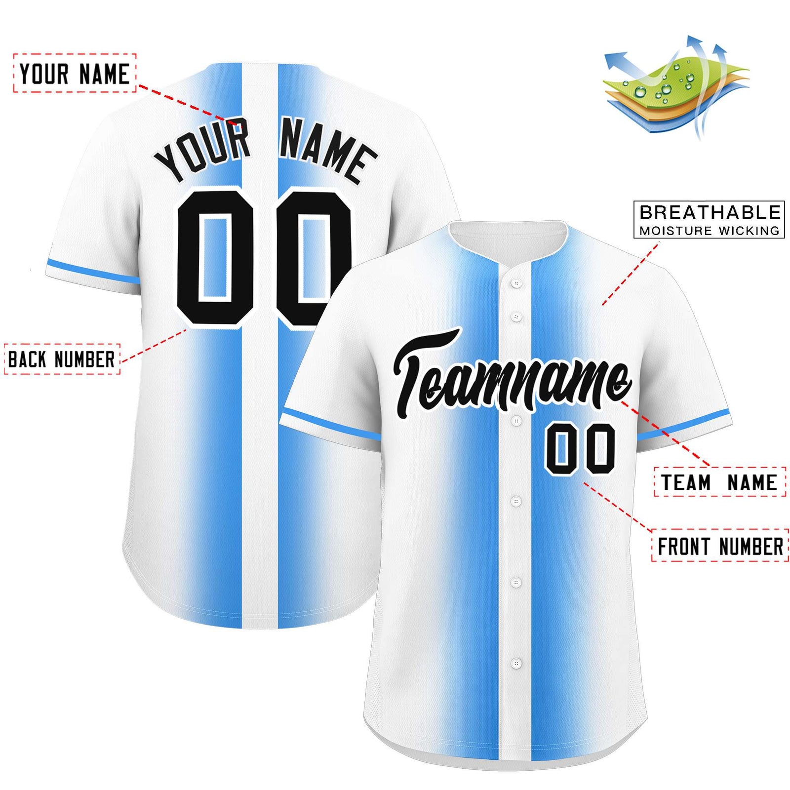 Custom White Powder Blue Lapel Gradient Fashion Authentic Baseball Jersey