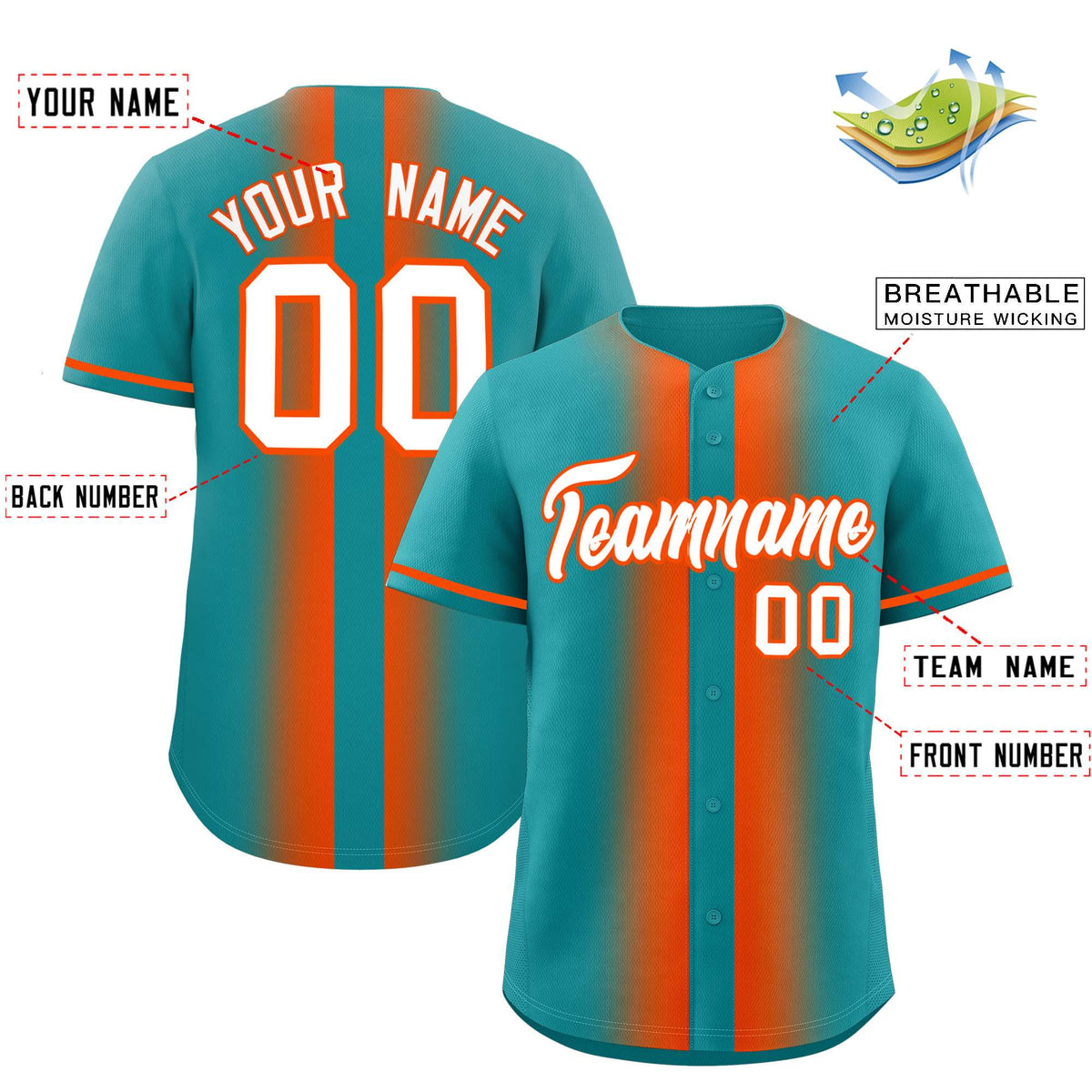Custom Aqua Orange Lapel Gradient Fashion Authentic Baseball Jersey