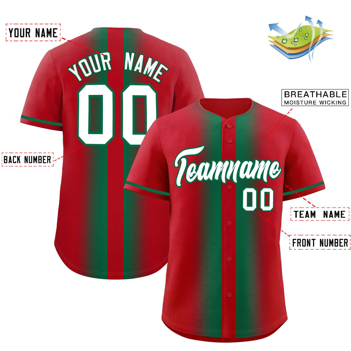 Custom Red Kelly Green Lapel Gradient Fashion Authentic Baseball Jersey