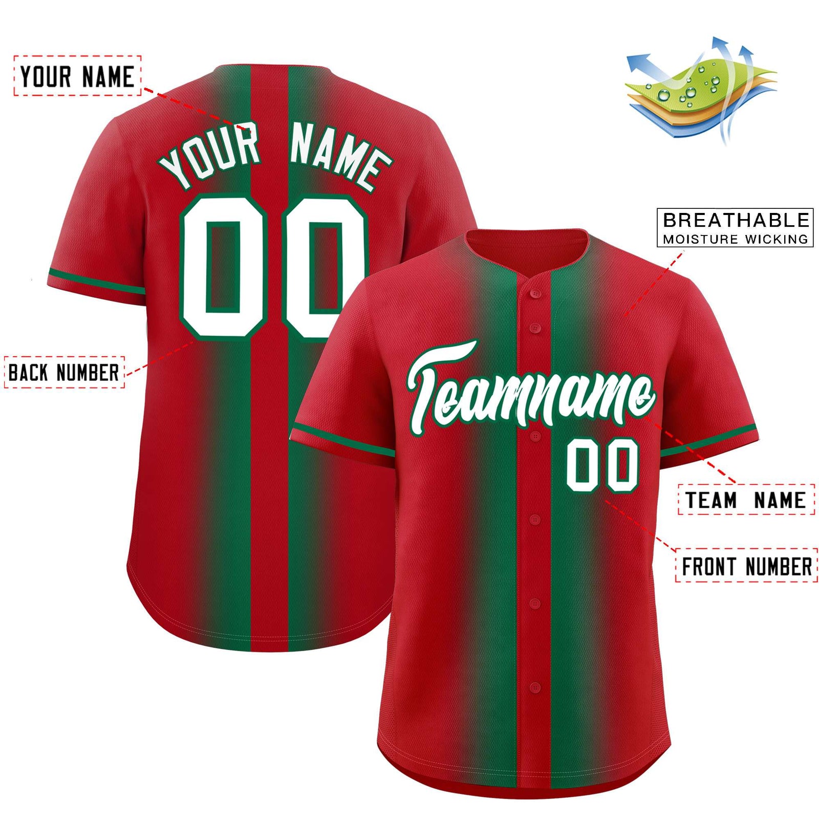 Custom Red Kelly Green Lapel Gradient Fashion Authentic Baseball Jersey