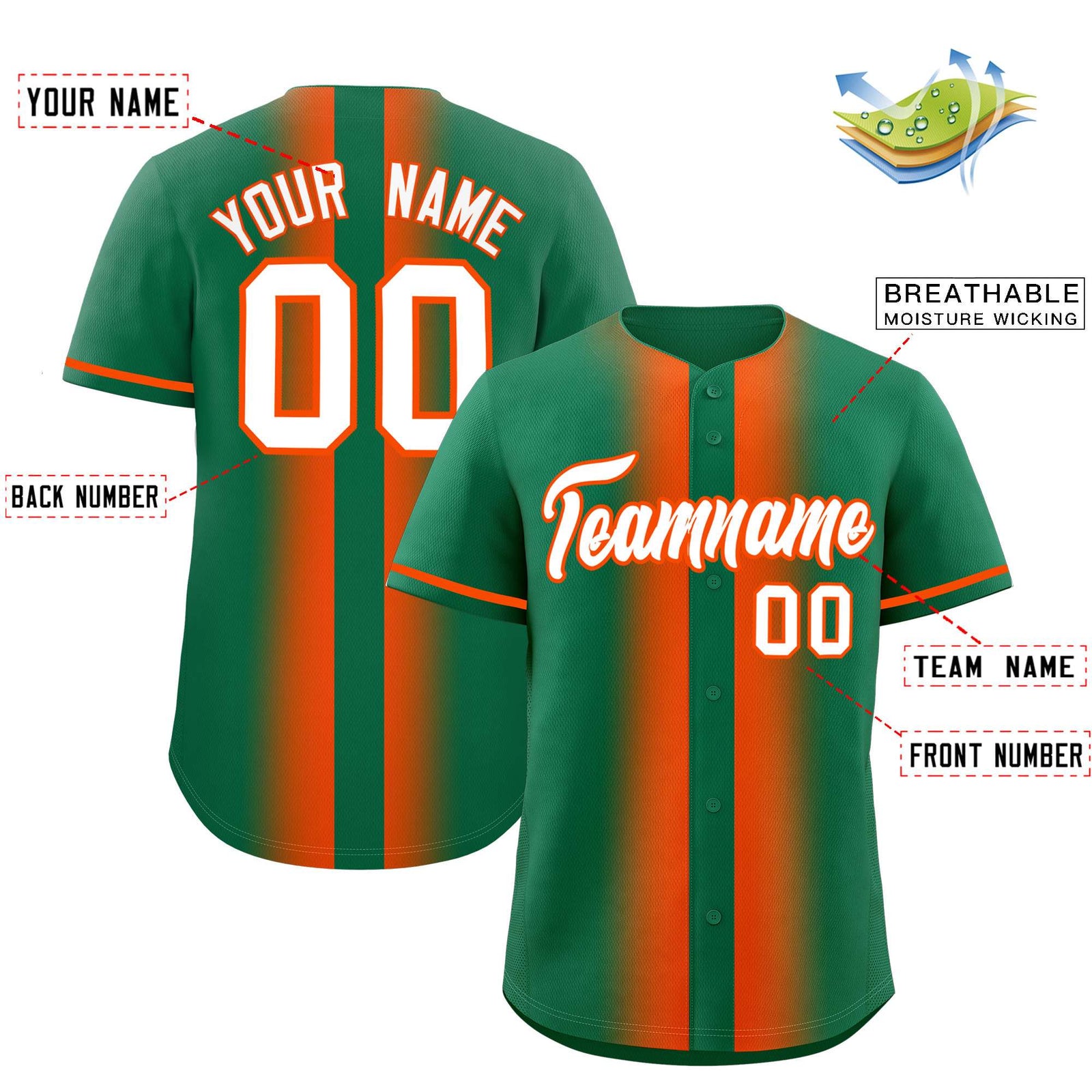 Custom Kelly Green Orange Lapel Gradient Fashion Authentic Baseball Jersey