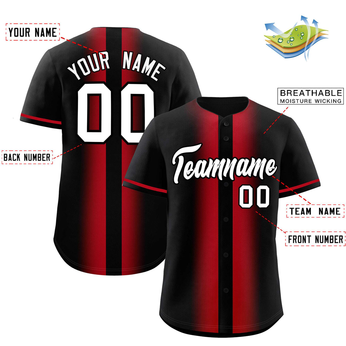 Custom Black Red Lapel Gradient Fashion Authentic Baseball Jersey