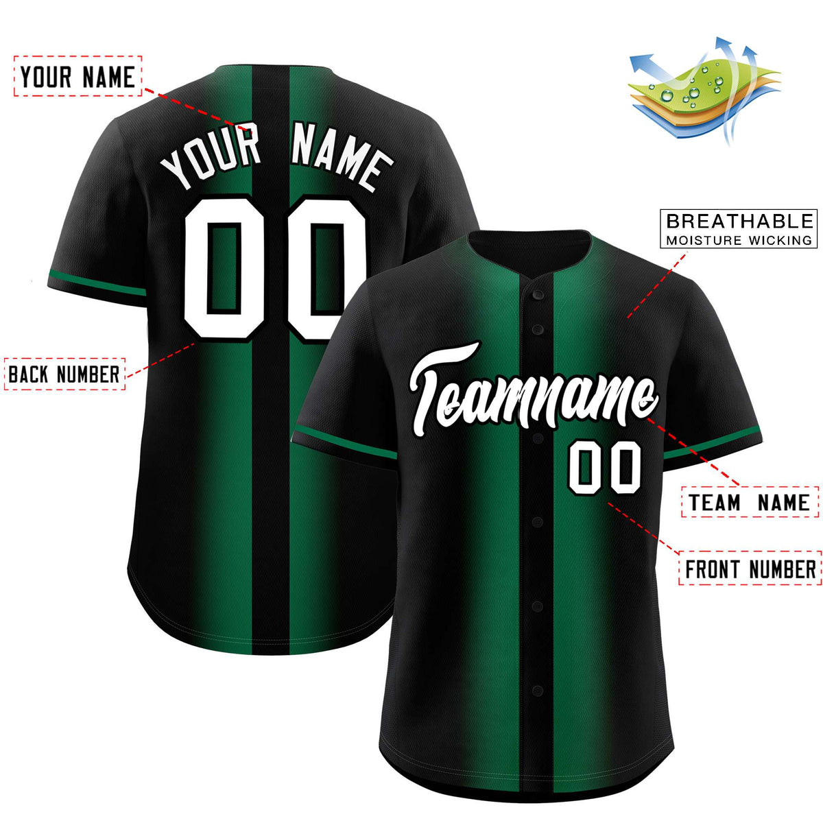 Custom Black Kelly Green Lapel Gradient Fashion Authentic Baseball Jersey