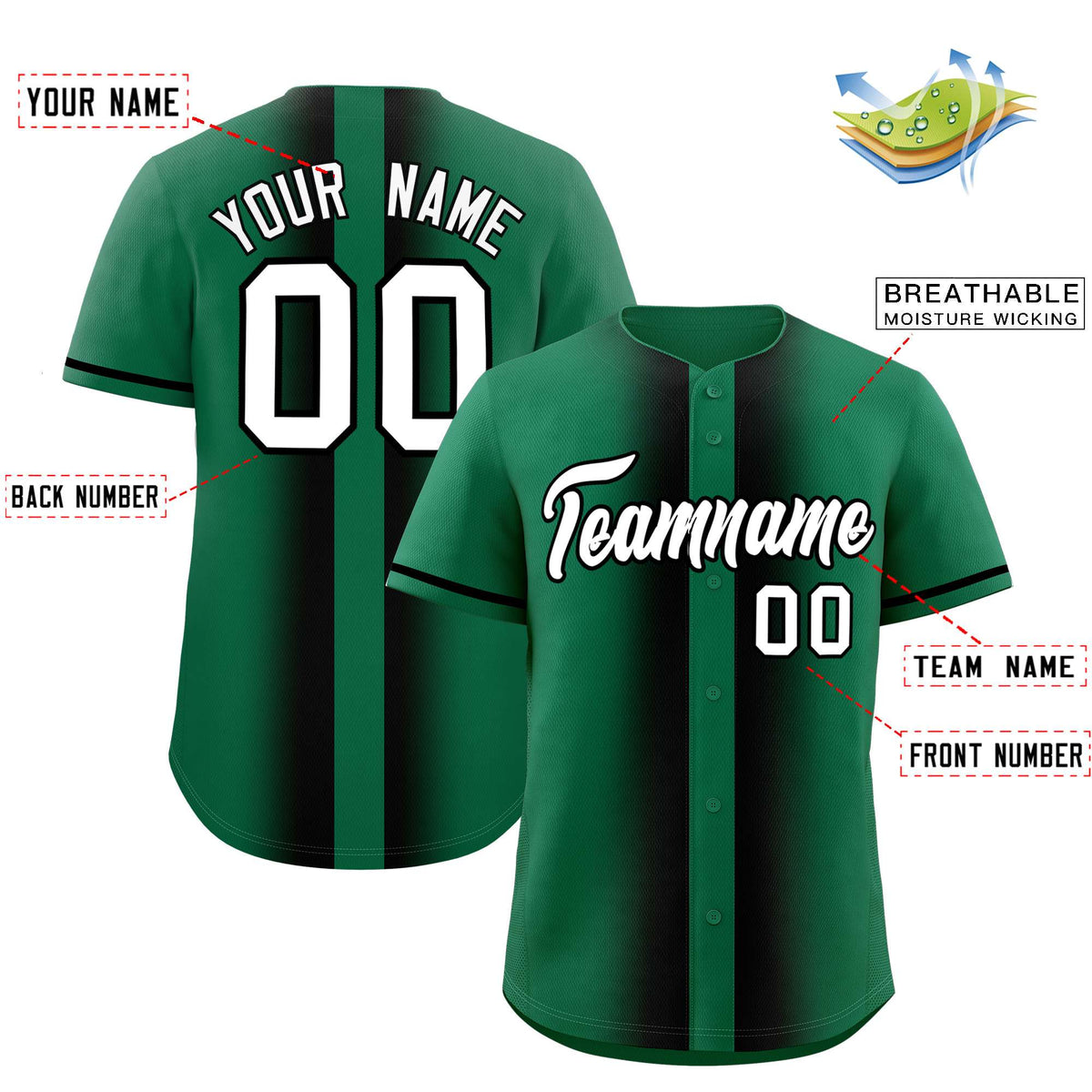 Custom Kelly Green Black Lapel Gradient Fashion Authentic Baseball Jersey