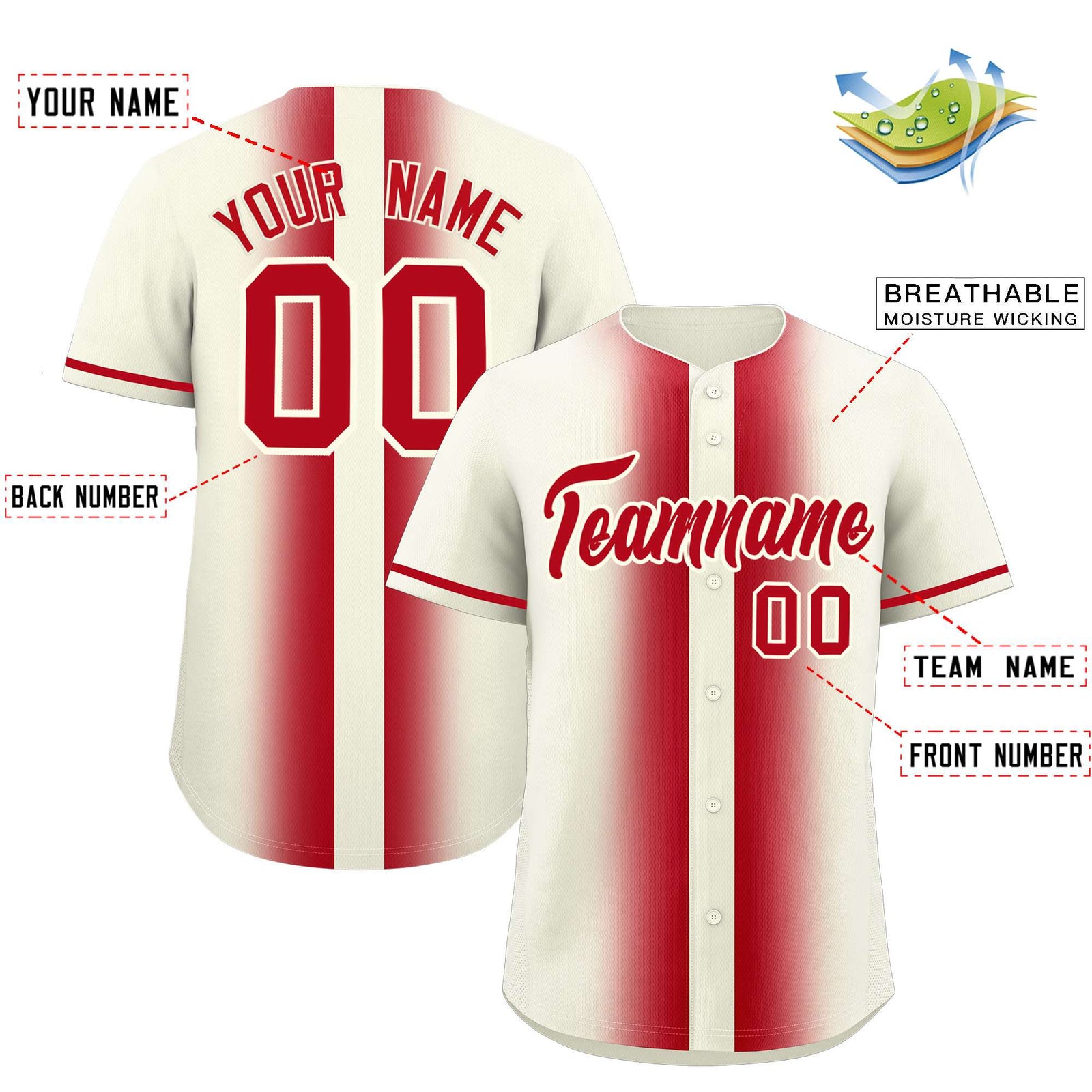 Custom Cream Red Lapel Gradient Fashion Authentic Baseball Jersey