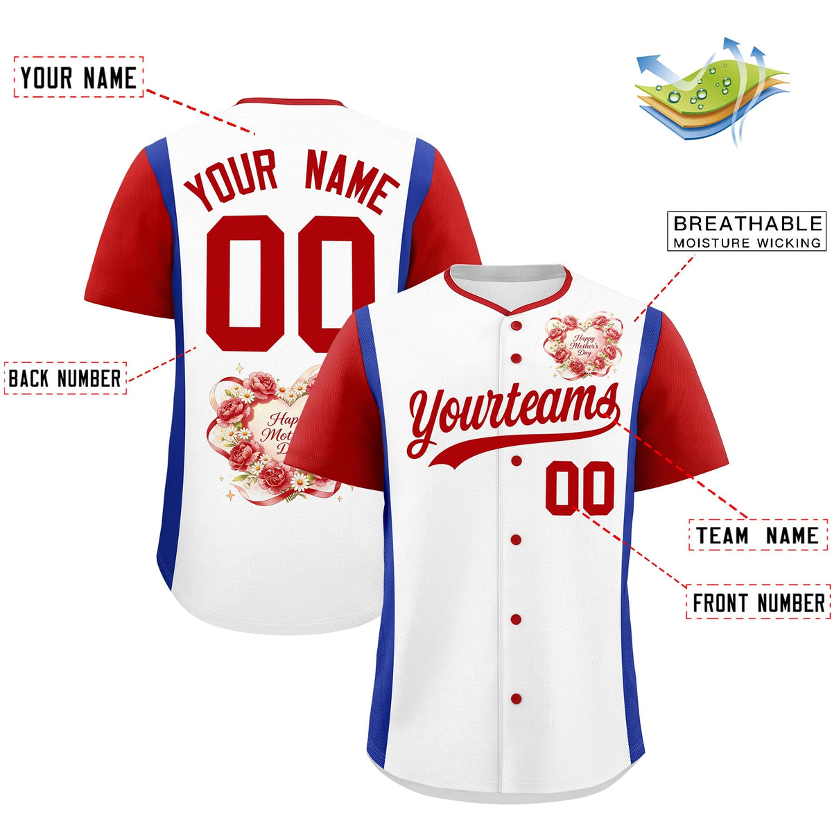 Custom White Red Royal Blue Mother's Day Style Personalization Wrinkle-Resistant Baseball Jersey| KXKSHOP