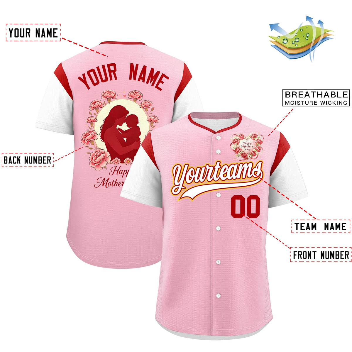 Custom Light Pink White Red Mother's Day Style Personalization Breathable Baseball Jersey| KXKSHOP