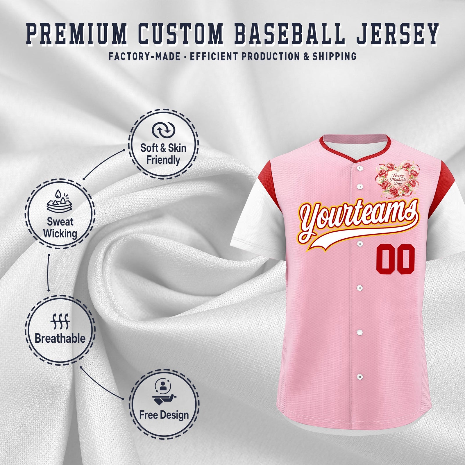 Custom Light Pink White Red Mother's Day Style Personalization Breathable Baseball Jersey| KXKSHOP