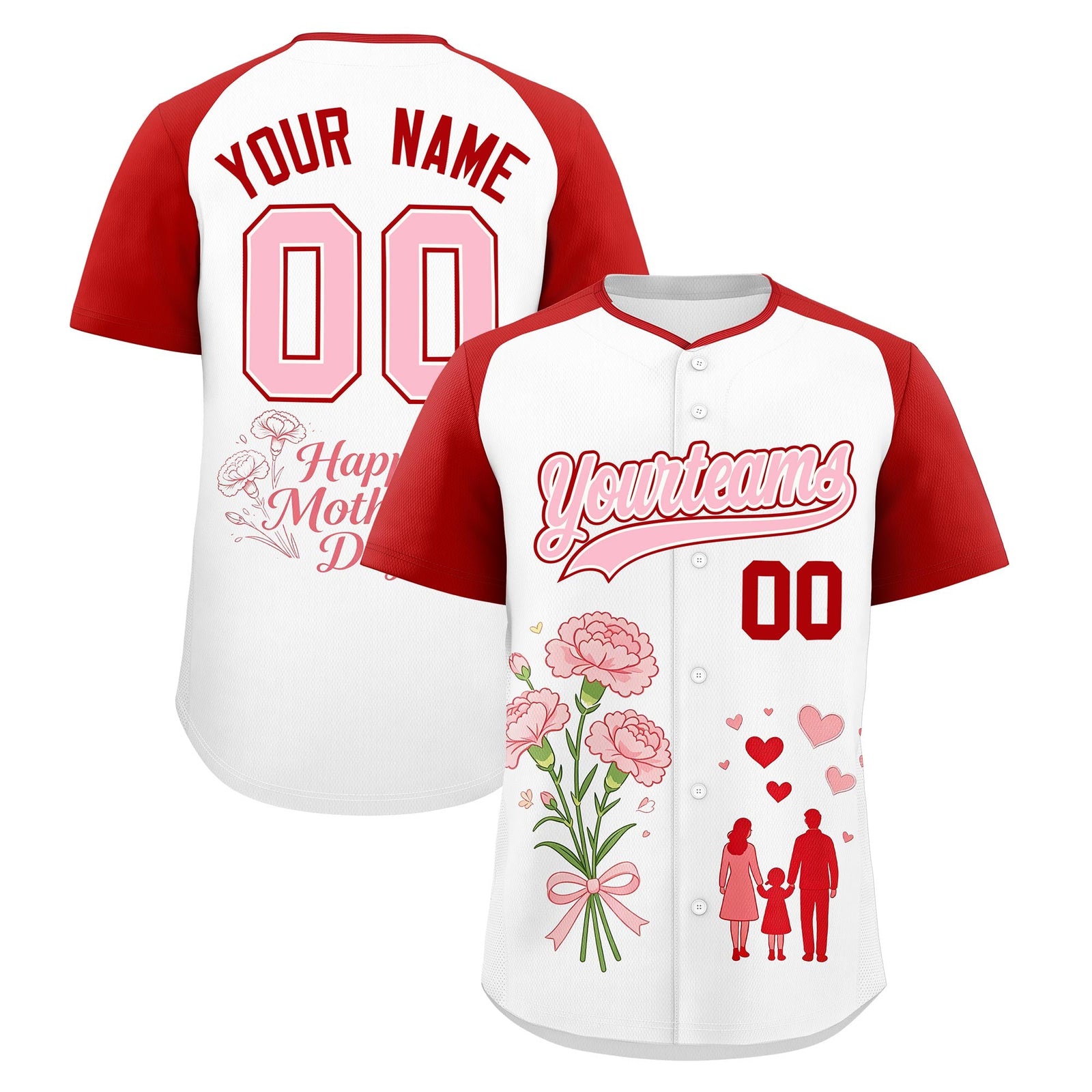 Custom White Red Light Pink Mother's Day Style Personalization Wrinkle-Resistant Baseball Jersey| KXKSHOP
