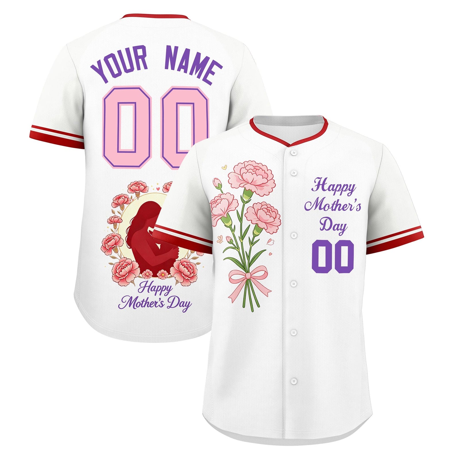 Custom White Red Mother's Day Style Personalization Wrinkle-Resistant Baseball Jersey| KXKSHOP