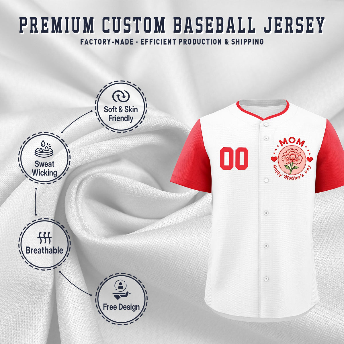 Custom White Light Red Mother's Day Style Personalization Breathable Baseball Jersey| KXKSHOP