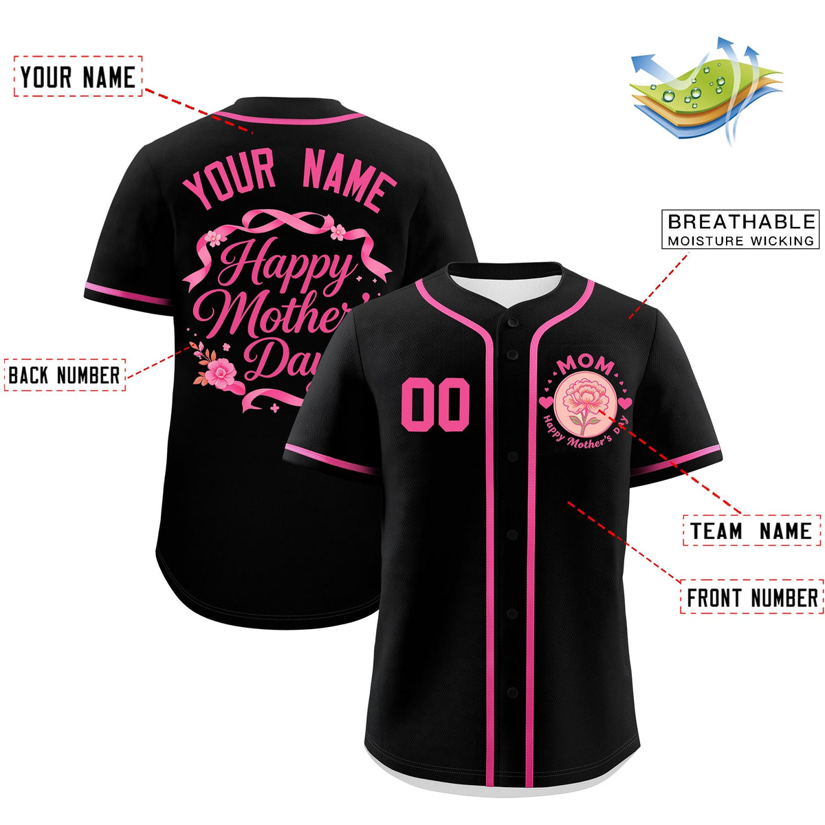 Custom Black Pink Mother's Day Style Personalization Breathable Baseball Jersey| KXKSHOP