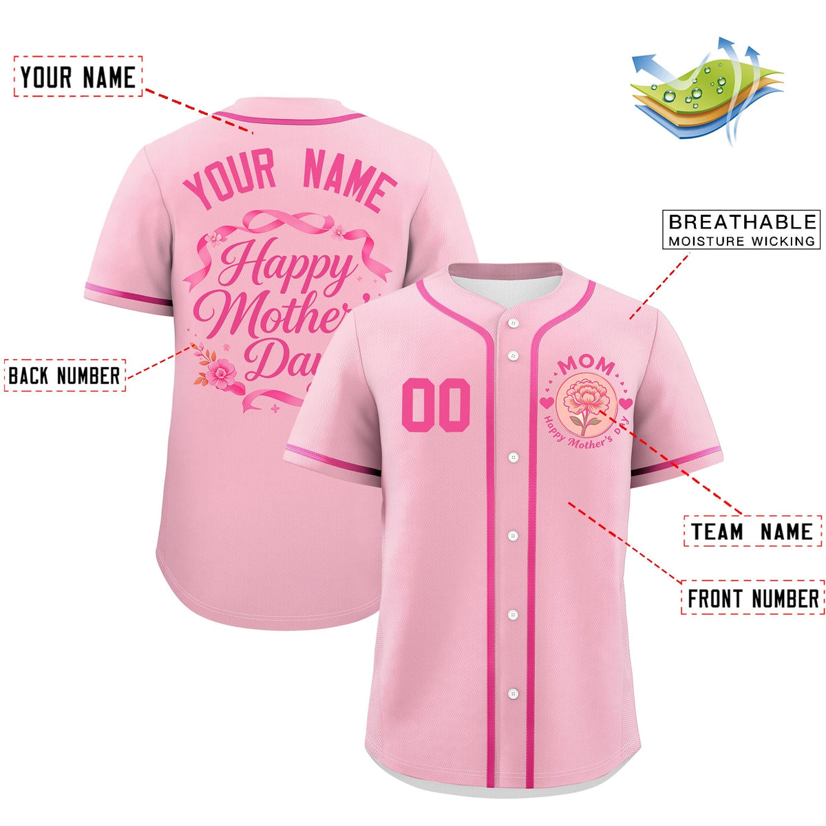Custom Light Pink Pink Mother's Day Style Personalization Wrinkle-Resistant Baseball Jersey| KXKSHOP