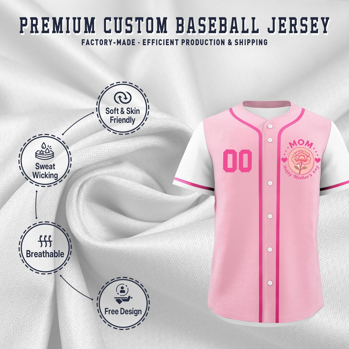 Custom Light Pink White Pink Mother's Day Style Personalization Breathable Baseball Jersey| KXKSHOP