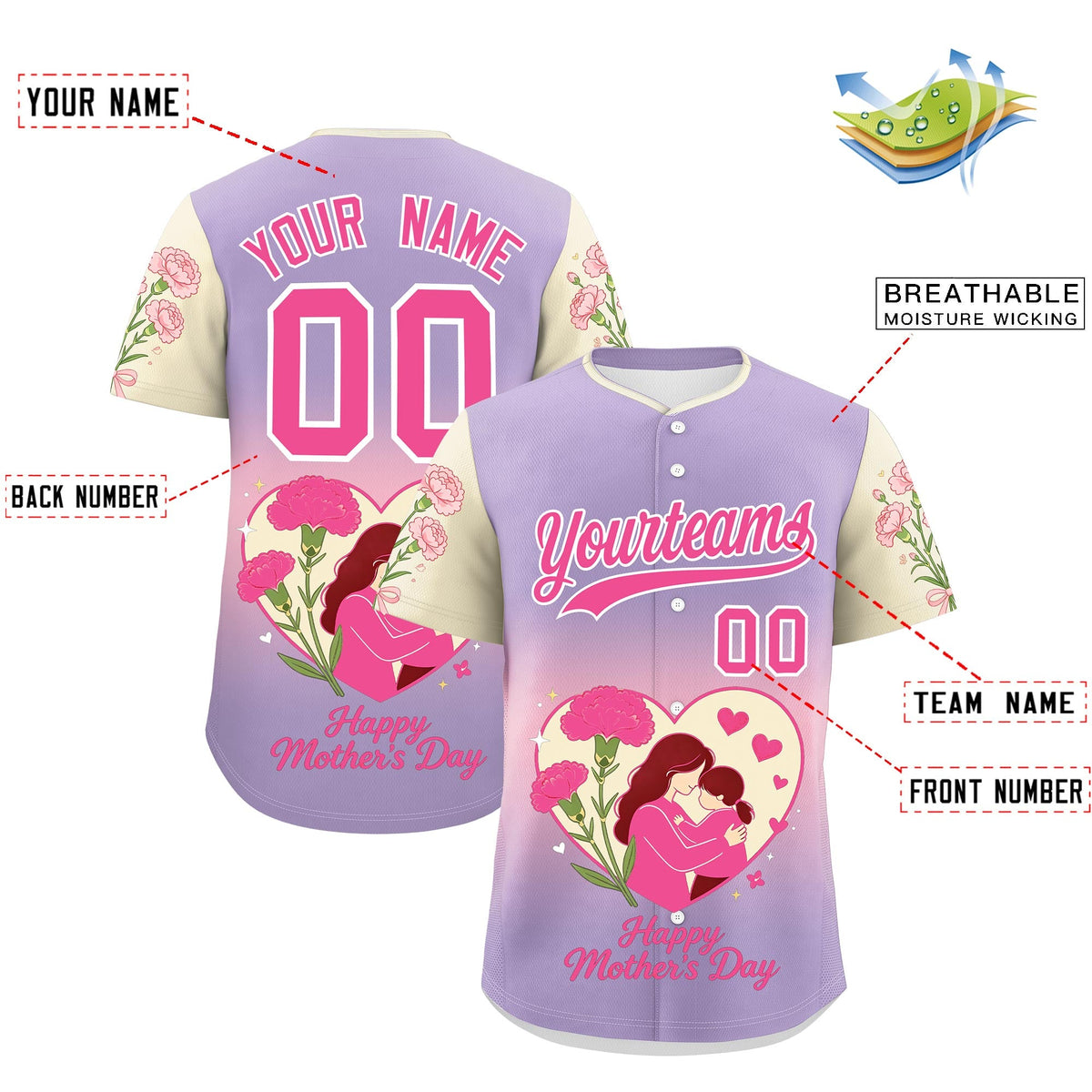 Custom Light Purple Light Pink Light Khaki Mother's Day Style Personalization Wrinkle-Resistant Baseball Jersey| KXKSHOP