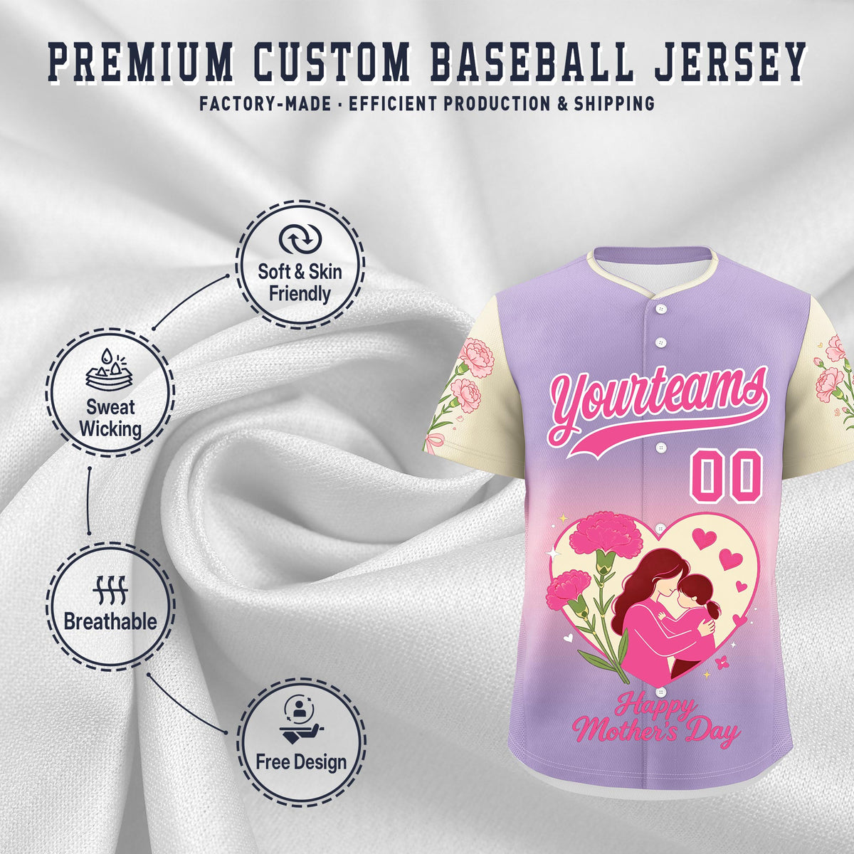 Custom Light Purple Light Pink Light Khaki Mother's Day Style Personalization Wrinkle-Resistant Baseball Jersey| KXKSHOP