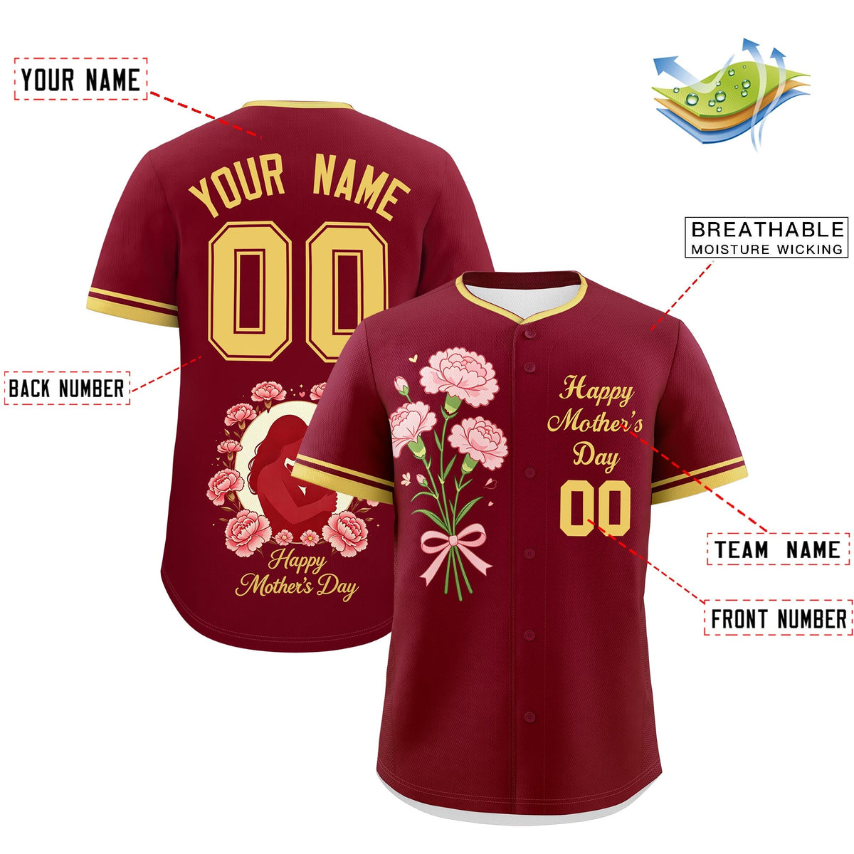 Custom Crimson Khaki Mother's Day Style Personalization Wrinkle-Resistant Baseball Jersey| KXKSHOP