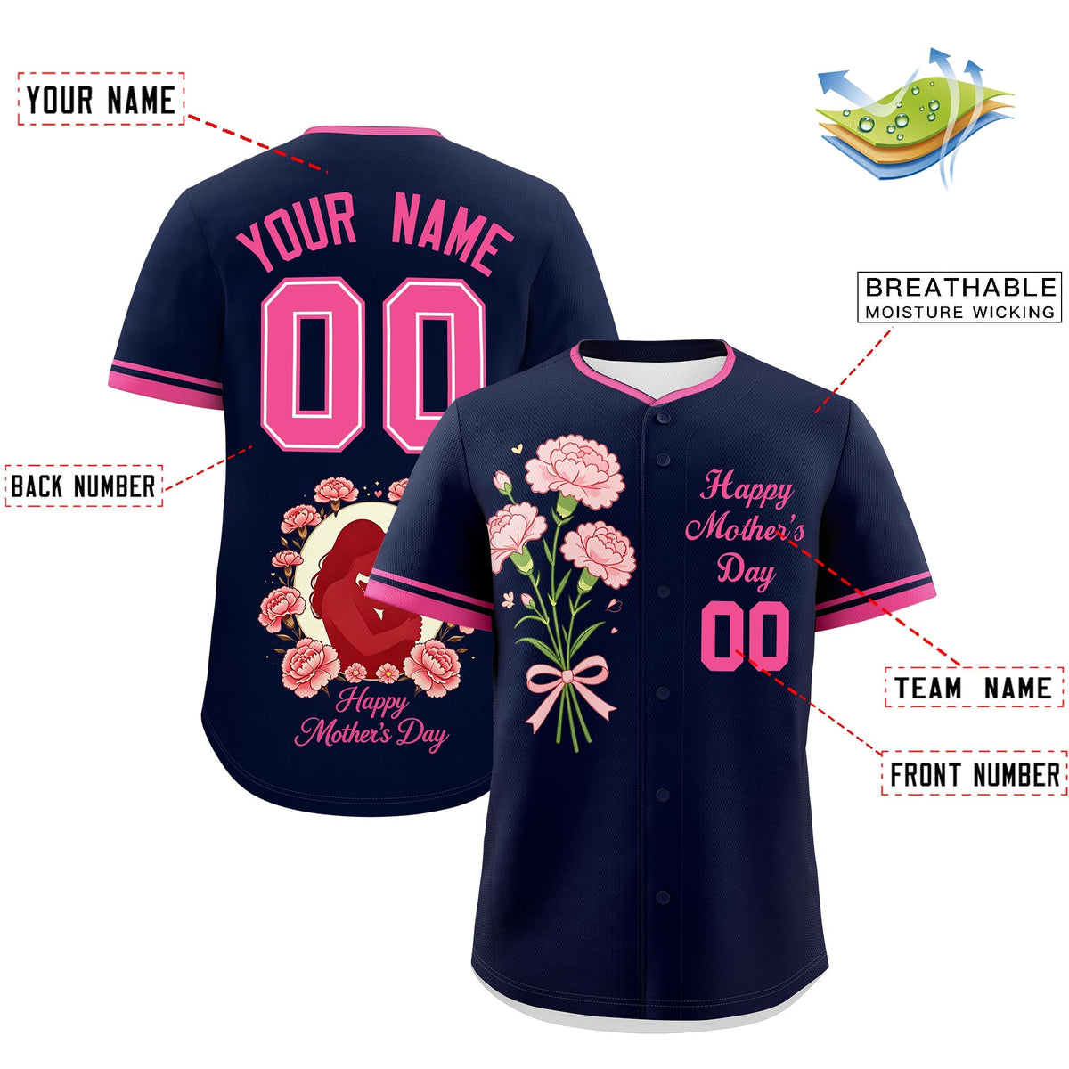 Custom Navy Pink Mother's Day Style Personalization Wrinkle-Resistant Baseball Jersey| KXKSHOP