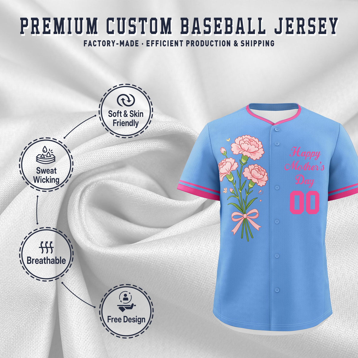 Custom Light Blue Pink Mother's Day Style Personalization Breathable Baseball Jersey| KXKSHOP