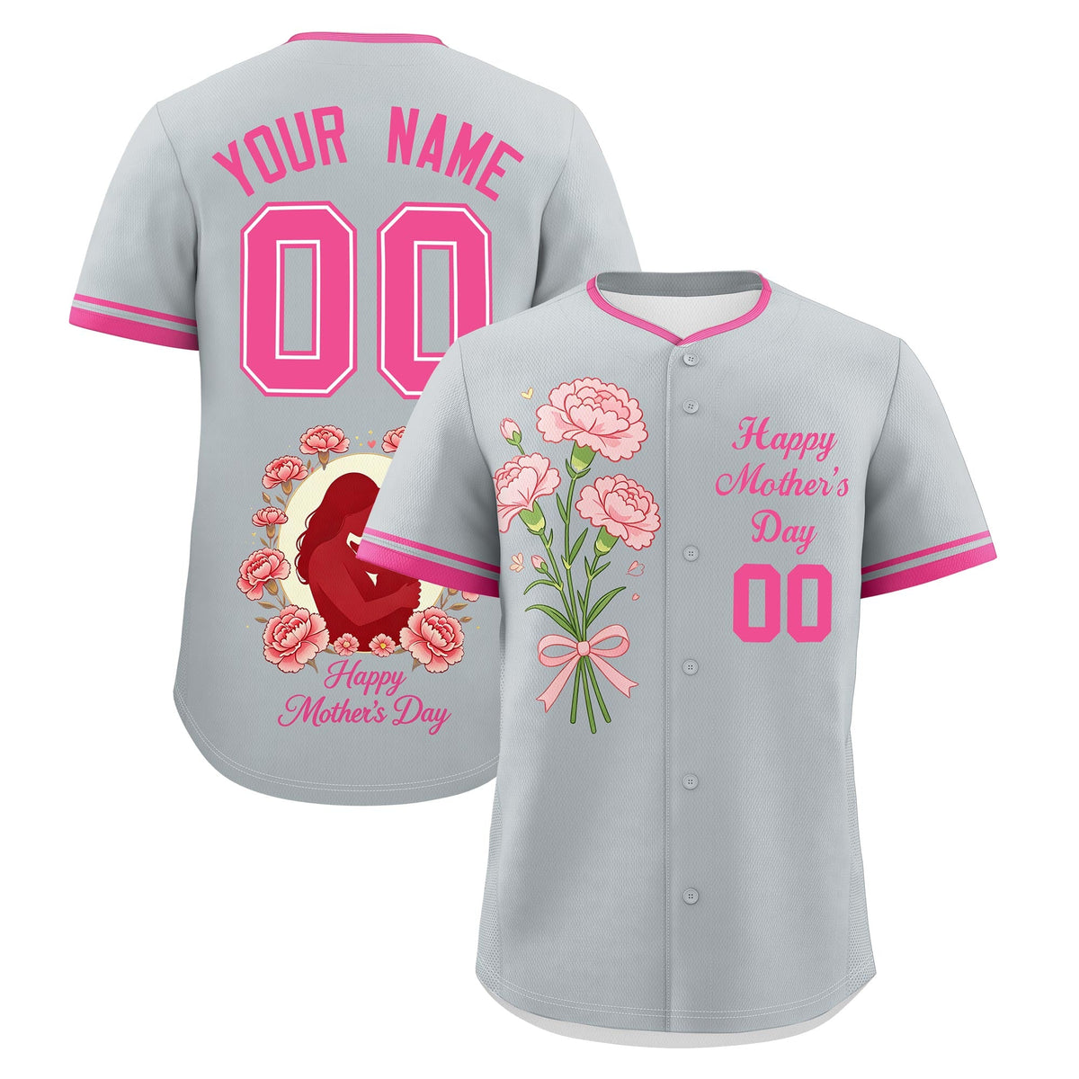 Custom Silver Pink Mother's Day Style Personalization Wrinkle-Resistant Baseball Jersey| KXKSHOP